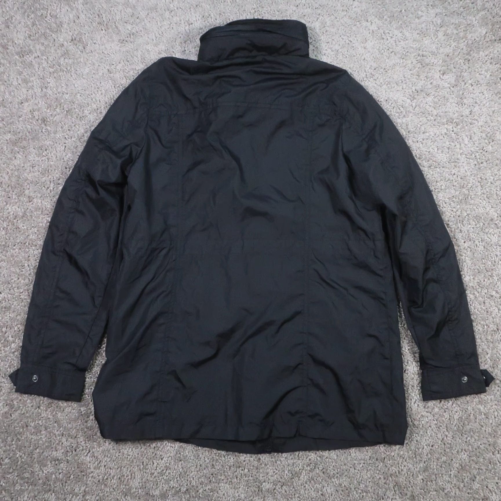 Vintage St Johns Bay Windbreaker Jacket Women S Packable Water Resistant Hood Coat Bag Black Solid Long Sleeve Mid-Length Size S / US 4 / IT 40 - 2 Thumbnail