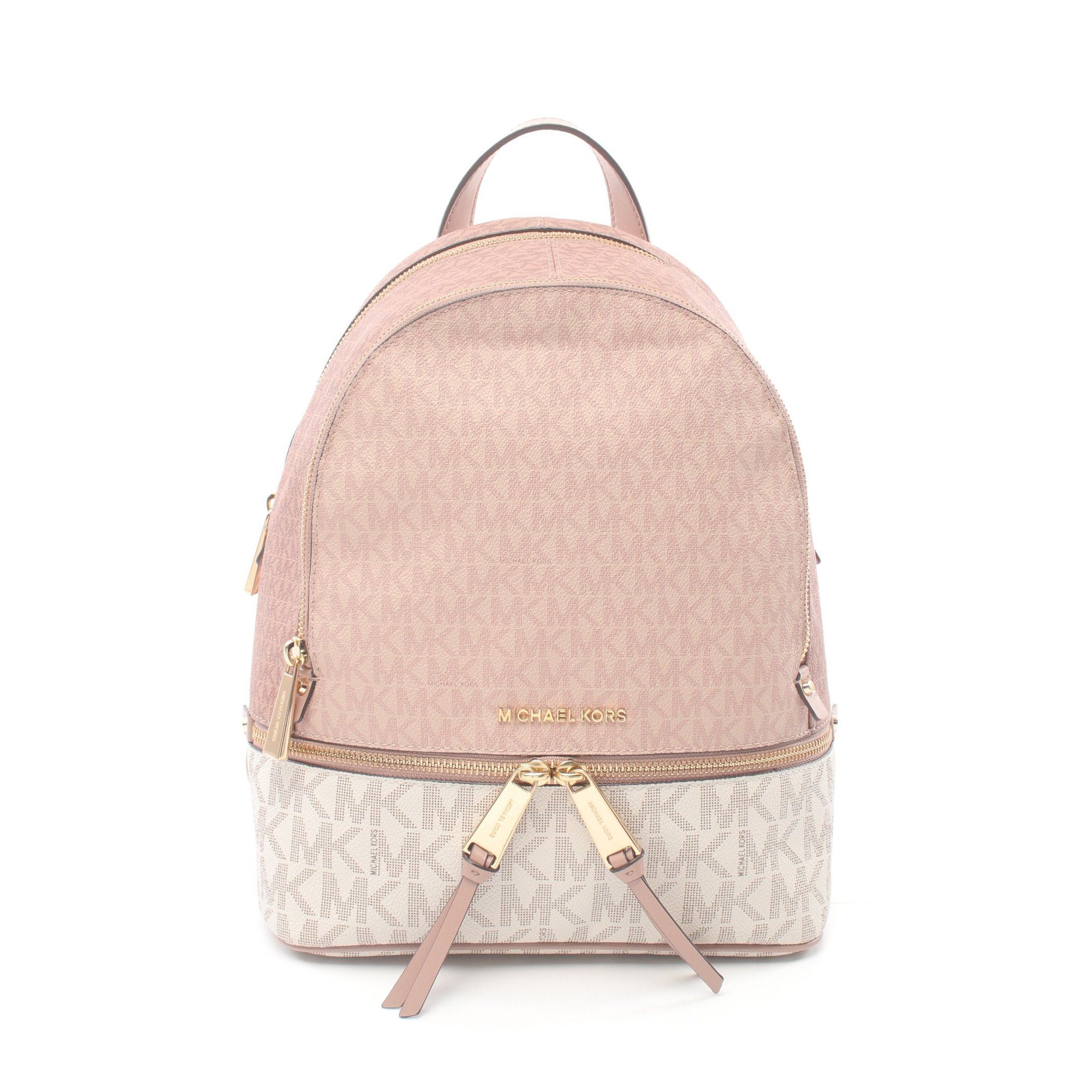 Michael Kors Rhea Zip Mk Signature Backpack Rucksack Leather Pink Beige White Multicolor Bags Luggage