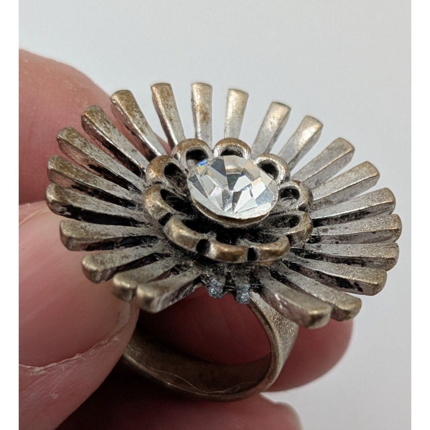 Other Vintage Adjustable Silver Tone Sunburst Ring With Rhinestone Size ONE SIZE - 9 Thumbnail