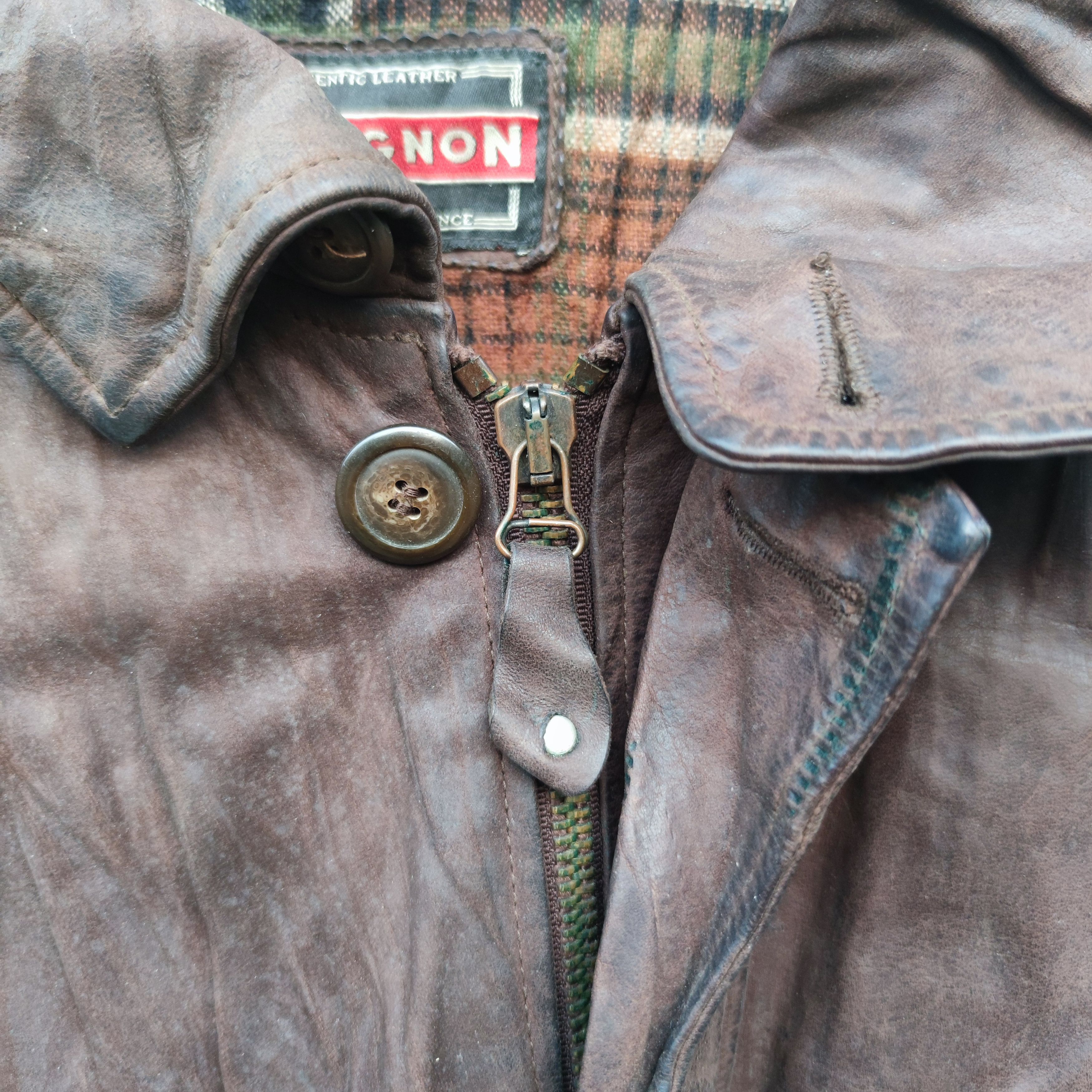 Chevignon Calfskin Leather Plaid Tartan lined Jacket