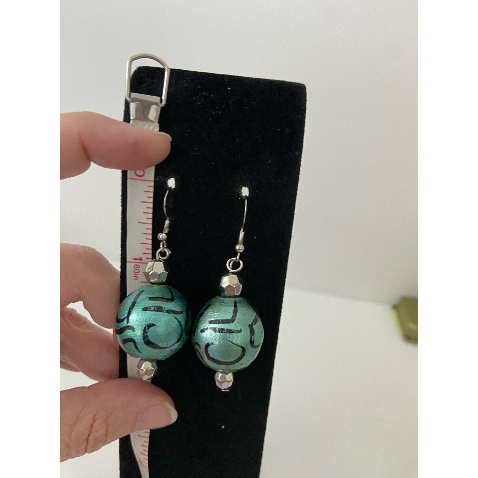 Handmade teal wood bead earrings Size ONE SIZE - 3 Thumbnail