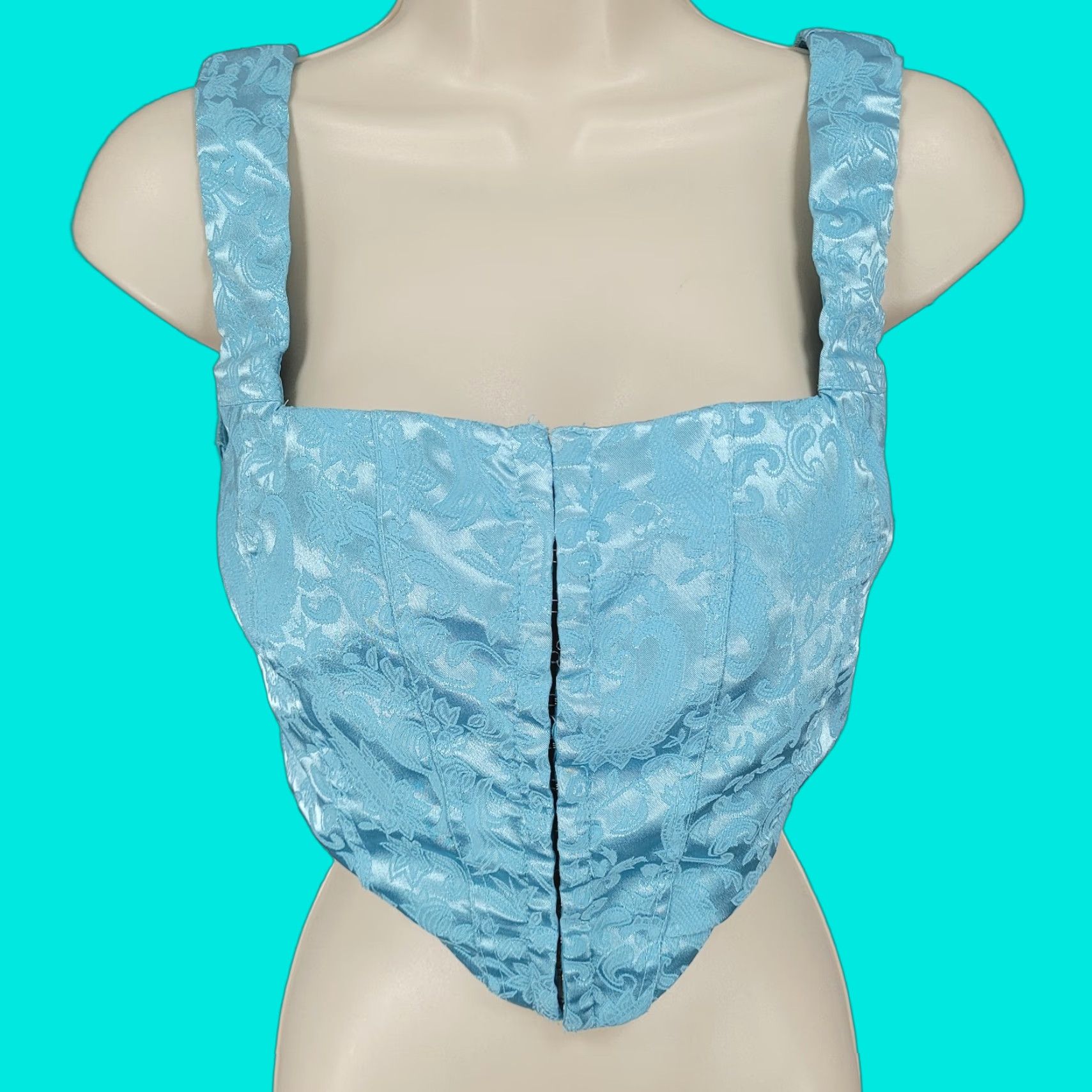 PRINCESS POLLY Princess Polly Blue Satin Paisley Front Closure Lined Bustier Crop Top Size 4 Size S / US 4 / IT 40 - 1 Thumbnail