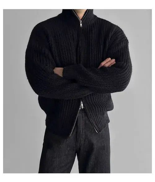 Japanese Brand Vintage Double Zipper Black L Knit Stand-Up Jacket Coat Size US L / EU 52-54 / 3 - 5 Thumbnail