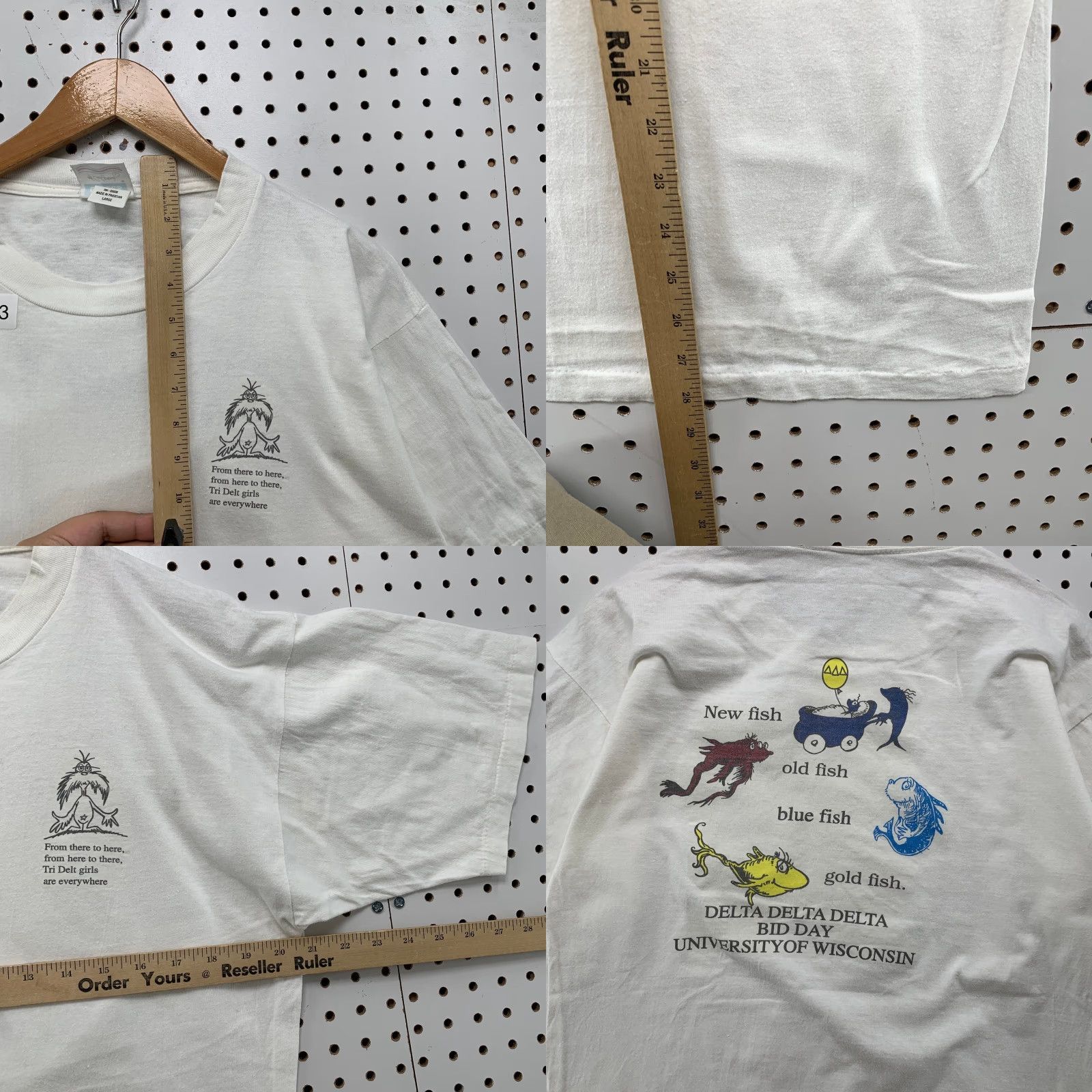 Delta VINTAGE Dr Seuss Tri Delta Shirt Mens L Single Stitch Fish Wisconsin Shirt Men 90s University Beige Cotton T-Shirt Size US L / EU 52-54 / 3 - 8 Thumbnail