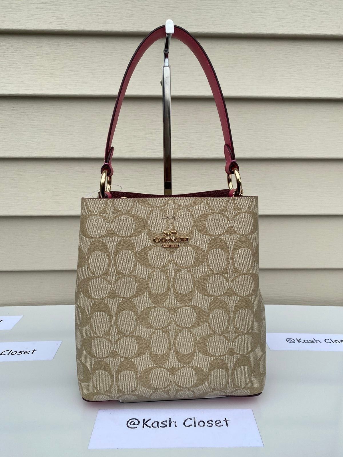 Coach Bucket Bag Signature Town Small Purse Khaki/Pink