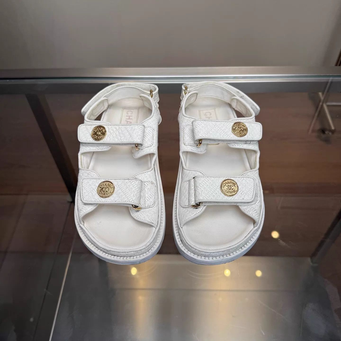 Chanel Chanel White Coin Velcro Sandals EUR 37 98 Size US 6.5 / IT 36.5 - 2 Thumbnail