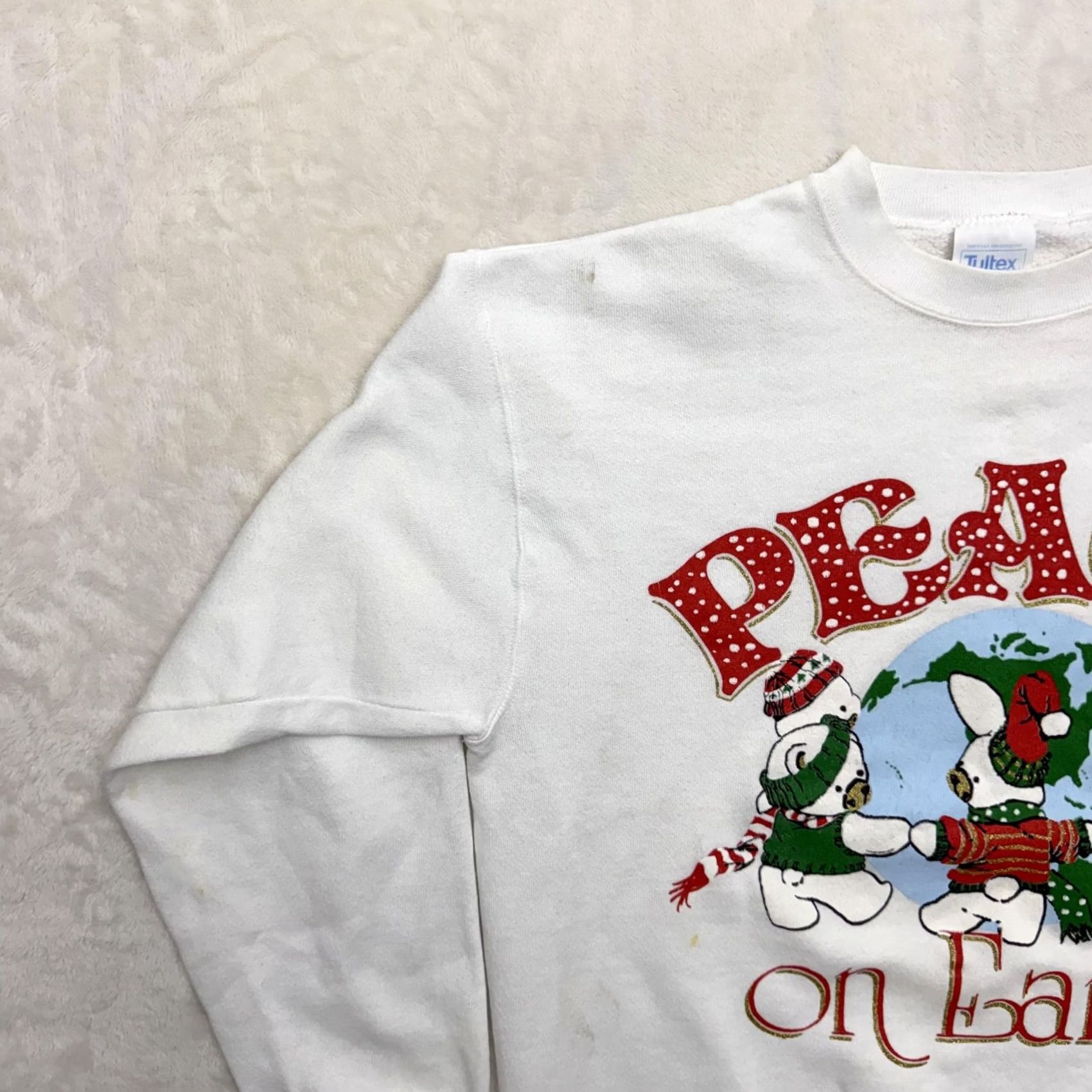 Tultex VINTAGE Tultex Peace On Earth Sweatshirt Mens Large White Christmas Graphic 90s Size US L / EU 52-54 / 3 - 6 Thumbnail