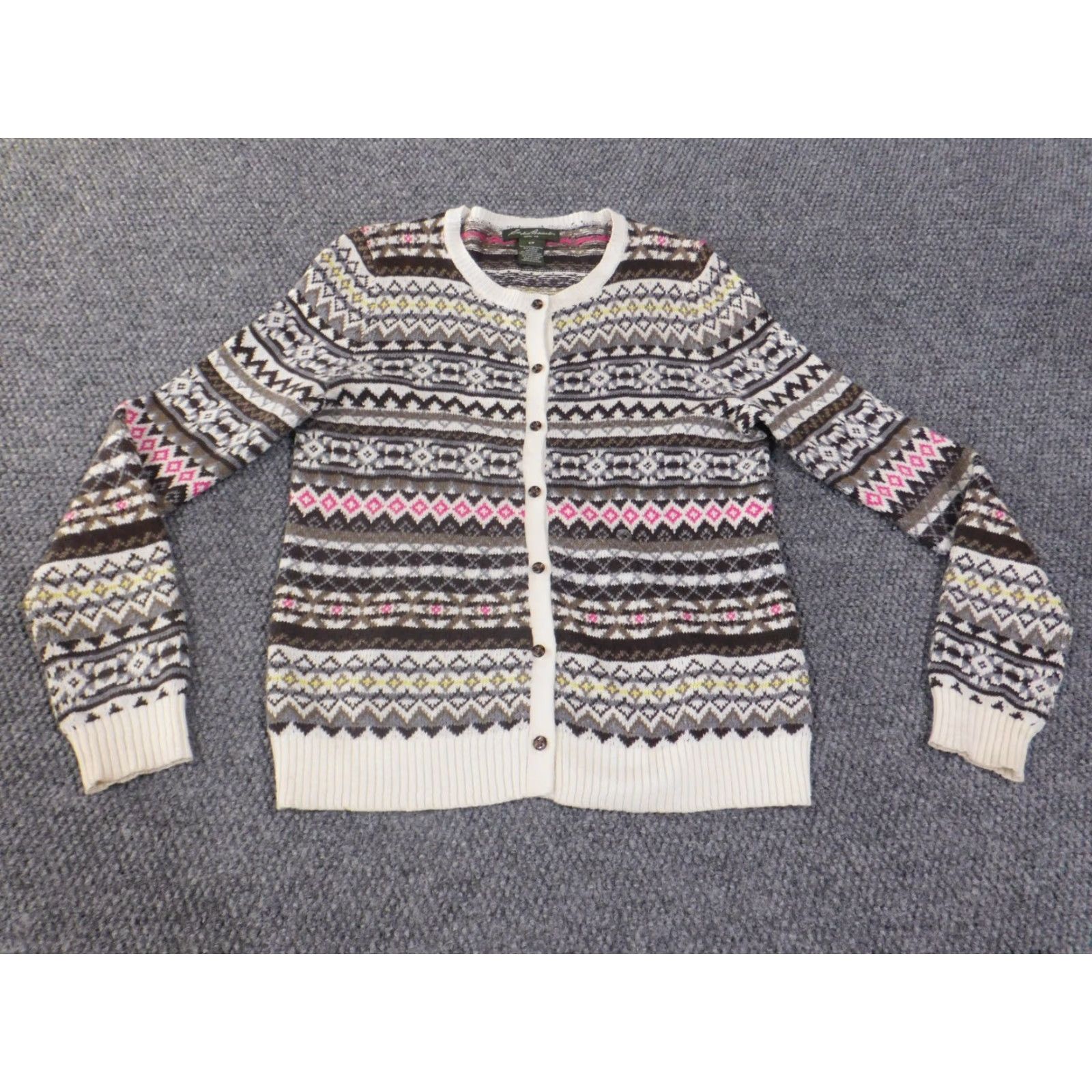 Eddie Bauer Eddie Bauer Sweater Womens S Brown Geometric Cardigan Knit Wool Cable-Knit Crew Neck Long Sleeve Raglan Vintage No Pattern: Geometric Size S / US 4 / IT 40 - 3 Thumbnail
