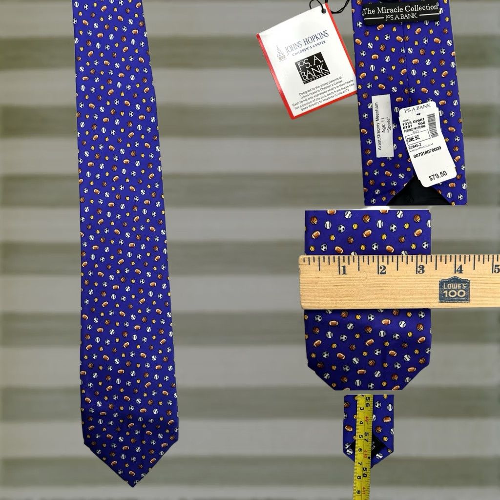 Jos. A. Bank JOS A BANK Sports Ball Purple Silk Tie Johns Hopkins Miracle Collection NWT Sports Baseball Football Hand sewn 57-60 in. Wide Men Tie NWT Size ONE SIZE - 1 Thumbnail