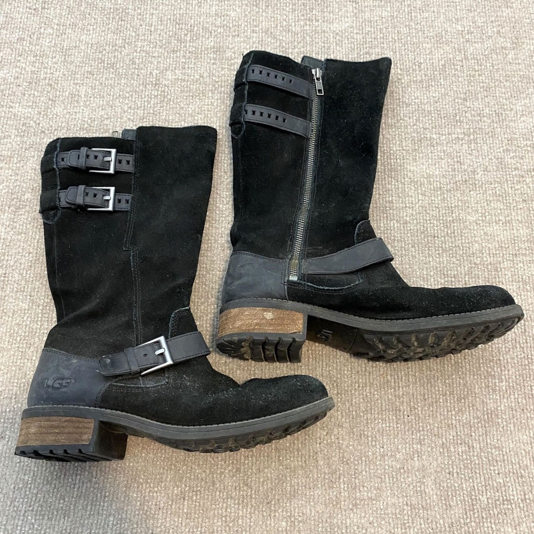 Ugg UGG Boots Womens 8 Black Suede Mid Calf Biker Zip Buckle Size US 8 / IT 38 - 3 Thumbnail