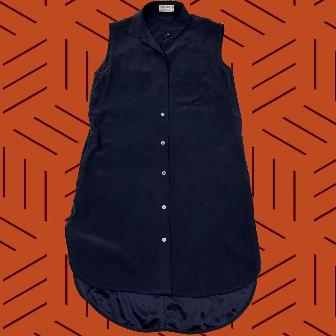 Frame VINTAGE FRAME SHIRT Dress Womens XS Navy Blue Silk Above Knee Sleeveless Pocket Button Up Collared Short Dress Casual Workwear 90s Womens No Size XS / US 0-2 / IT 36-38 - 1 Thumbnail
