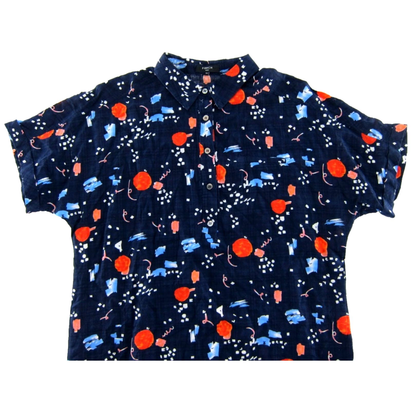 Vintage FRNCH Paris Shirt Dress M/L Cotton Navy Blue Orange Pink Short Sleeve Collared Shirt Dress Women Size M / US 6-8 / IT 42-44 - 4 Thumbnail