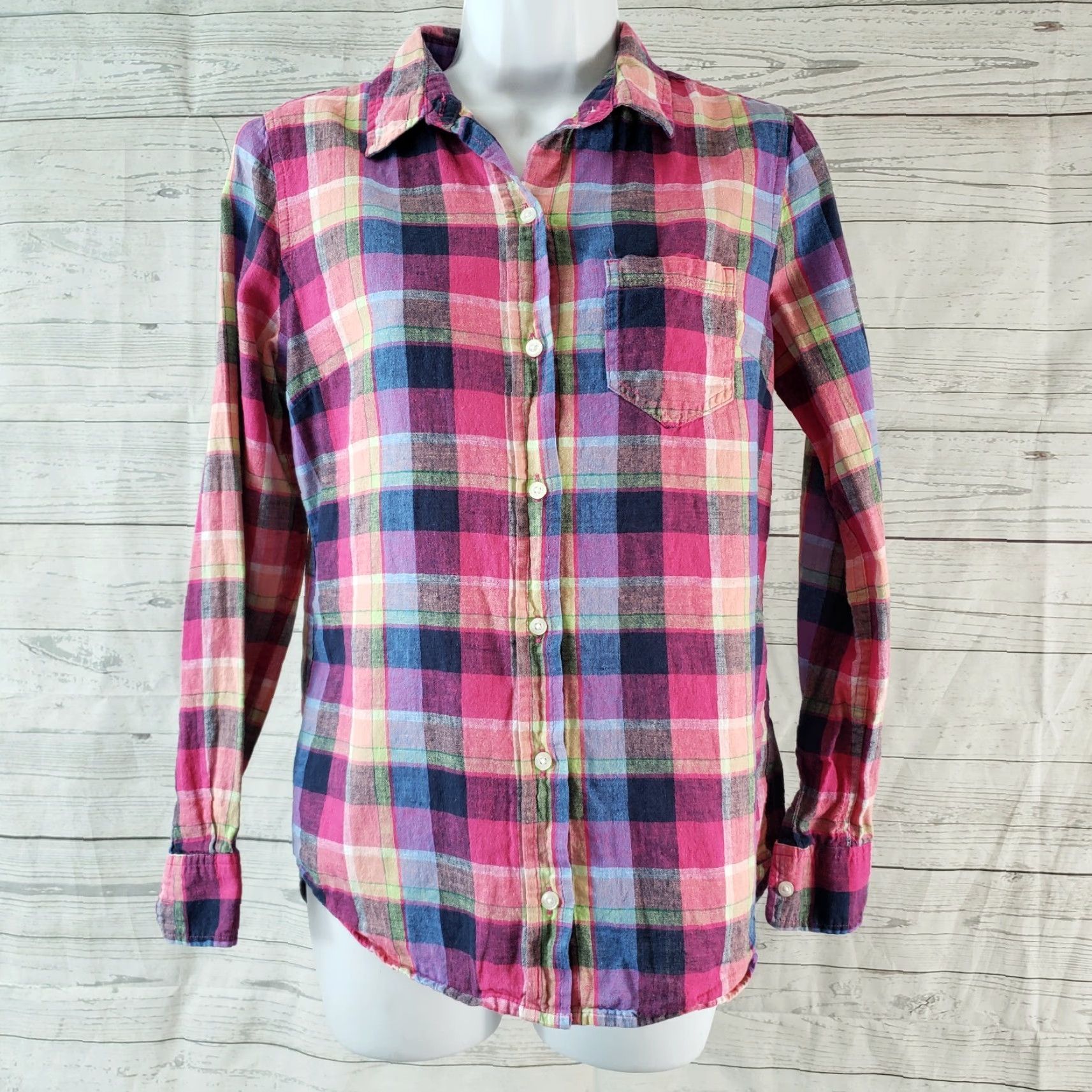 Gap Gap Womens Button-Front Shirt XS Pink Plaid Linen Blend Casual Size XS Short Sleeve? Size XS / US 0-2 / IT 36-38 - 2 Thumbnail