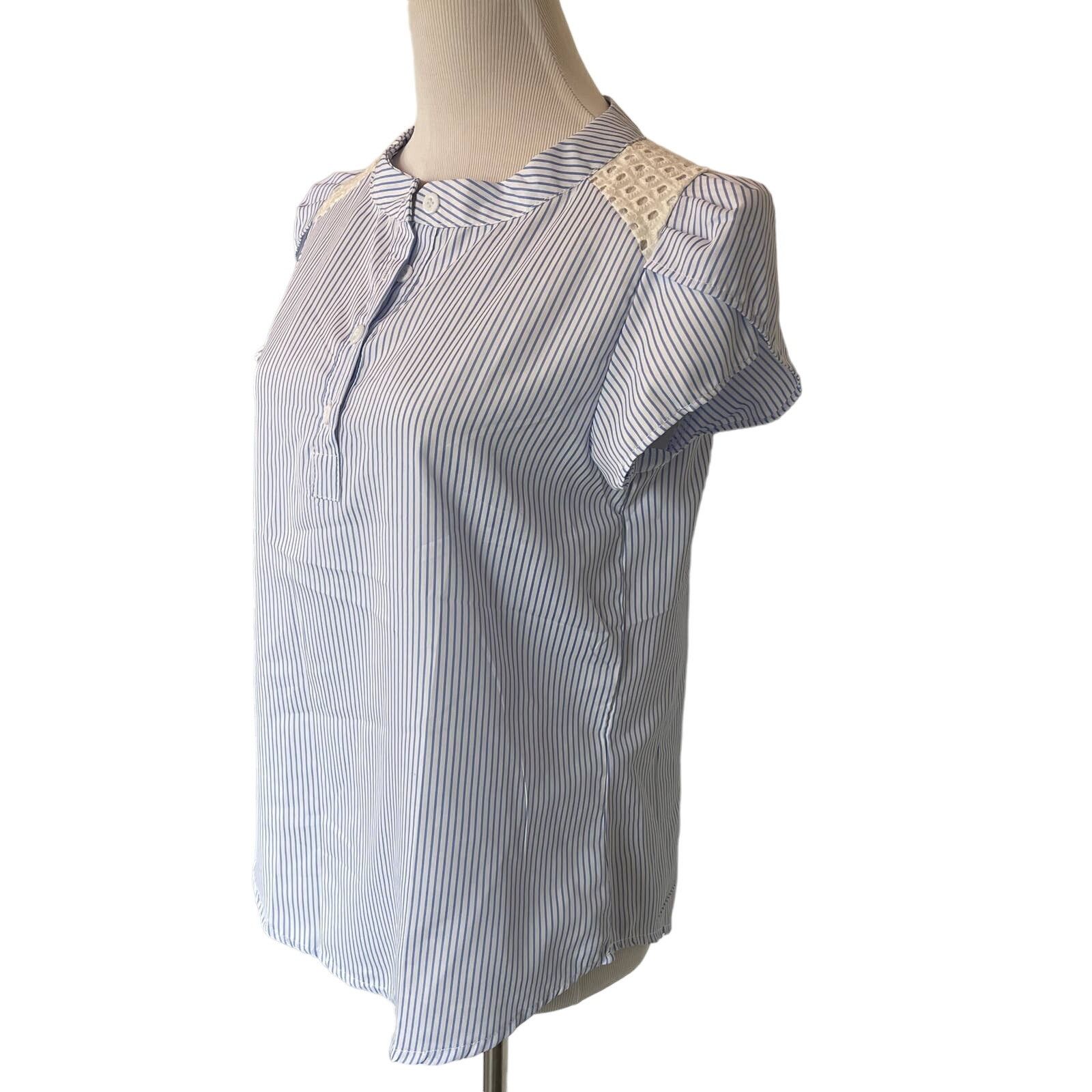Other Blue & White Stripe Button Down Blouse Lace Short Sleeve Top Size M / US 6-8 / IT 42-44 - 4 Thumbnail