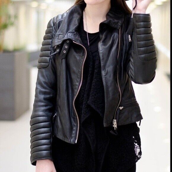 Allsaints AllSaints Women's Black Steine Leather Biker Jacket UK 8 Size S / US 4 / IT 40 - 1 Thumbnail