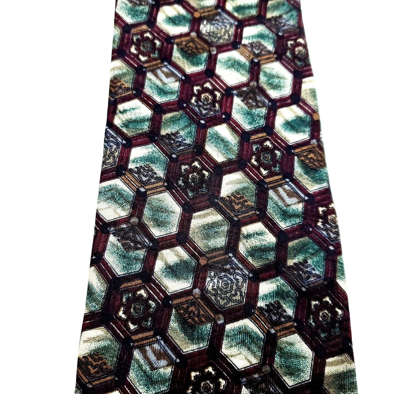 XMI Platinum XMI Silk Tie Maroon Green Geometric Short Wide Size ONE SIZE - 2 Thumbnail