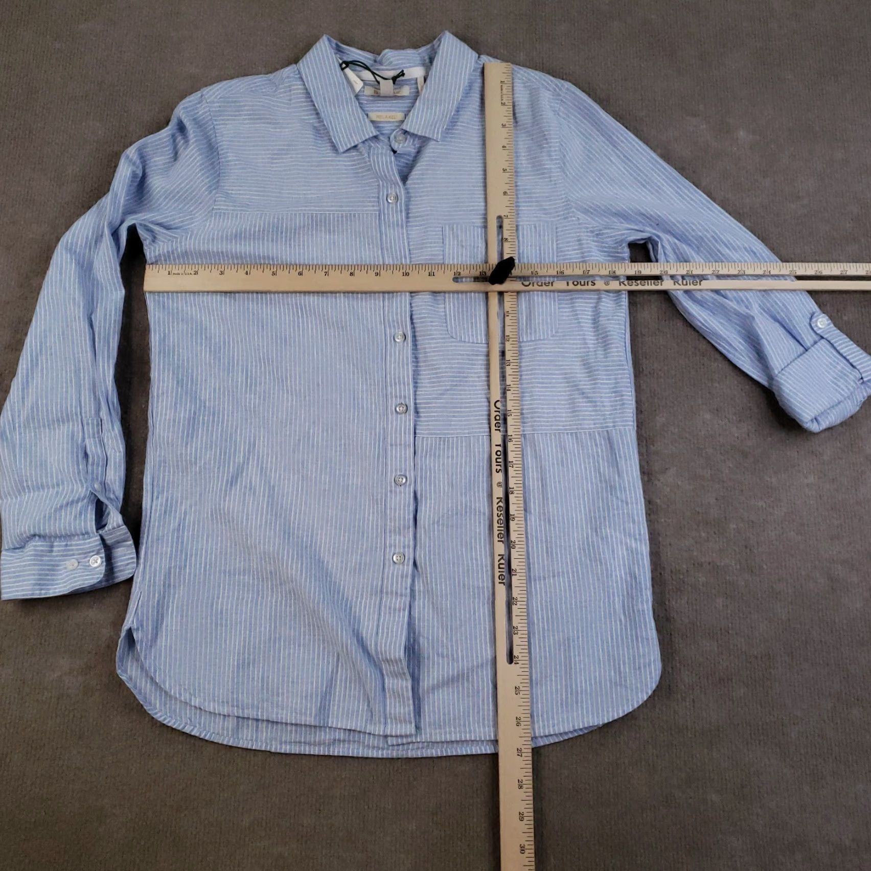 Barbour VINTAGE Barbour Women's Shirt Blouse 4 Blue White Striped Cotton Linen Roll Tab 90s Dress Size S / US 4 / IT 40 - 2 Thumbnail