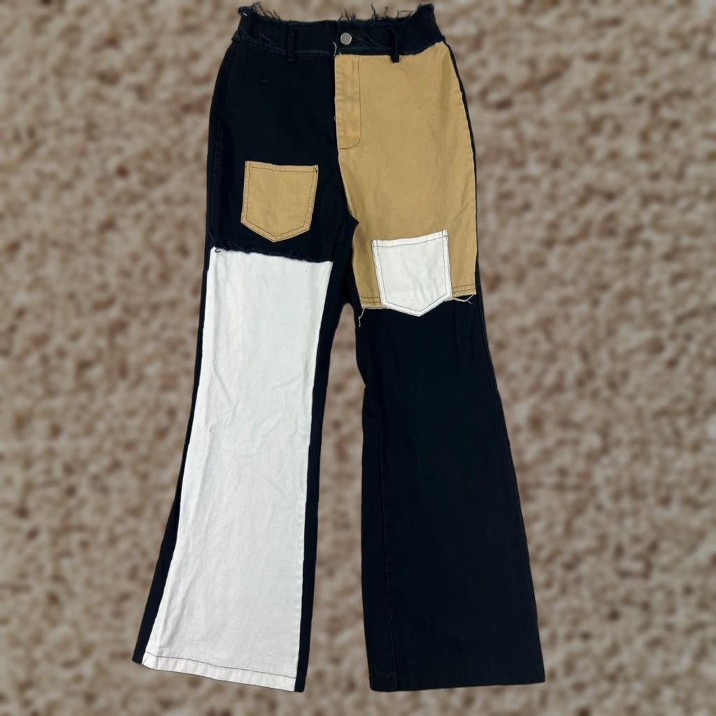 Shein Shein Women's Flared High-Wide Leg Jeans XS Black Beige White Color Block 90s Y2K Cotton Size 26" / US 2 / IT 38 - 1 Thumbnail