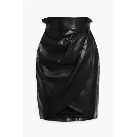 Versace Versace Wrap-effect Pleated Leather Mini Skirt Black IT 42 6 Size 28" / US 6 / IT 42 - 15 Thumbnail