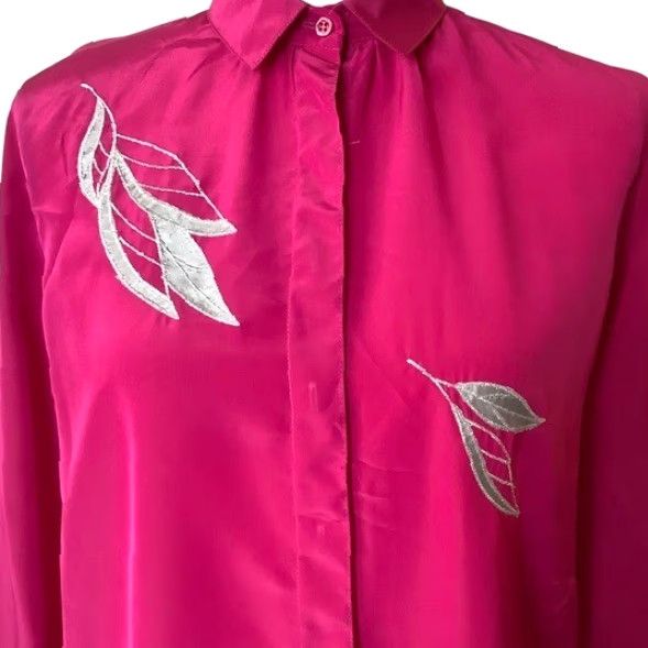 Pinko VINTAGE Blouse Pink 70s 80s Embroidered Button Up Long Sleeve Collared Polyester Medium Womens Retro Festival Hippe Size M / US 6-8 / IT 42-44 - 3 Thumbnail