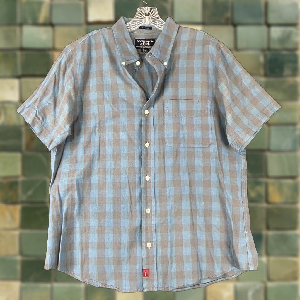 Abercrombie & Fitch ABERCROMBIE & FITCH Men’s L Blue Plaid Short Sleeve Button Up Shirt - Multicolor Size US 33 - 1 Thumbnail