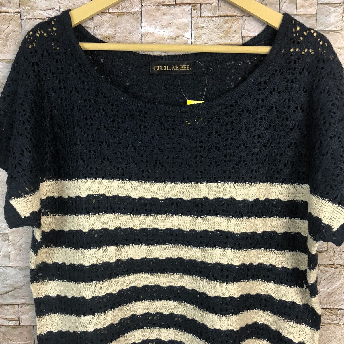 Homespun Knitwear × Japanese Brand × OVER THE STRiPES Cecil Mcbee Stripe crochet mesh net Dark Blue Knitwear #A761 Size M / US 6-8 / IT 42-44 - 5 Thumbnail