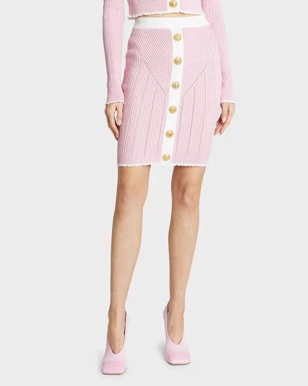 Balmain o1s1wg110825 Buttoned Pointelle Knit Skirt in Pink/White Size 27" / US 4 / IT 40 - 2 Thumbnail
