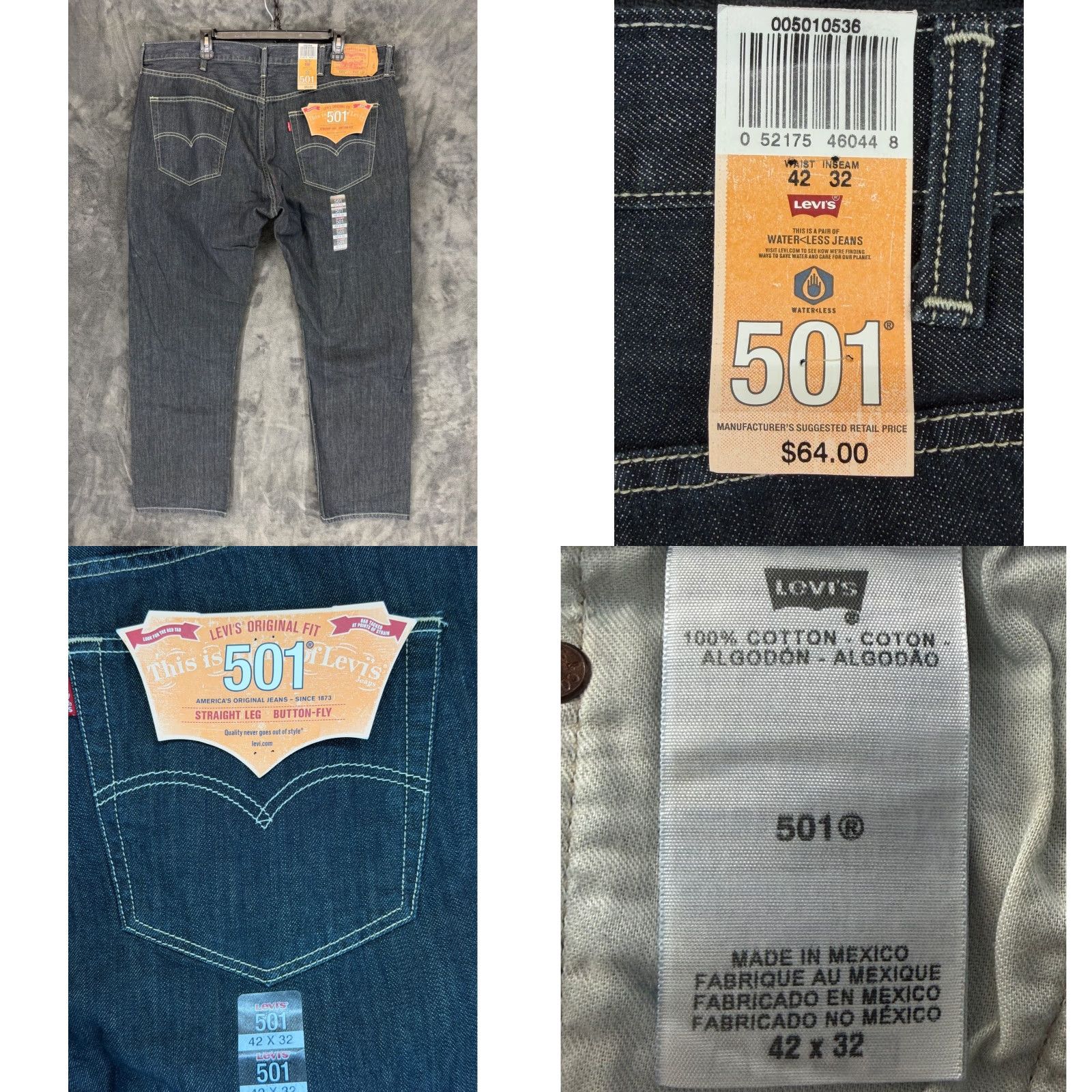 Levi's Levi's 501 Original Fit Jeans 42x32 Dark Wash Indigo Straight Leg Mens Jeans Regular Rise Button Fly 5-Pocket Denim Water-Less Size US 42 / EU 58 - 8 Thumbnail