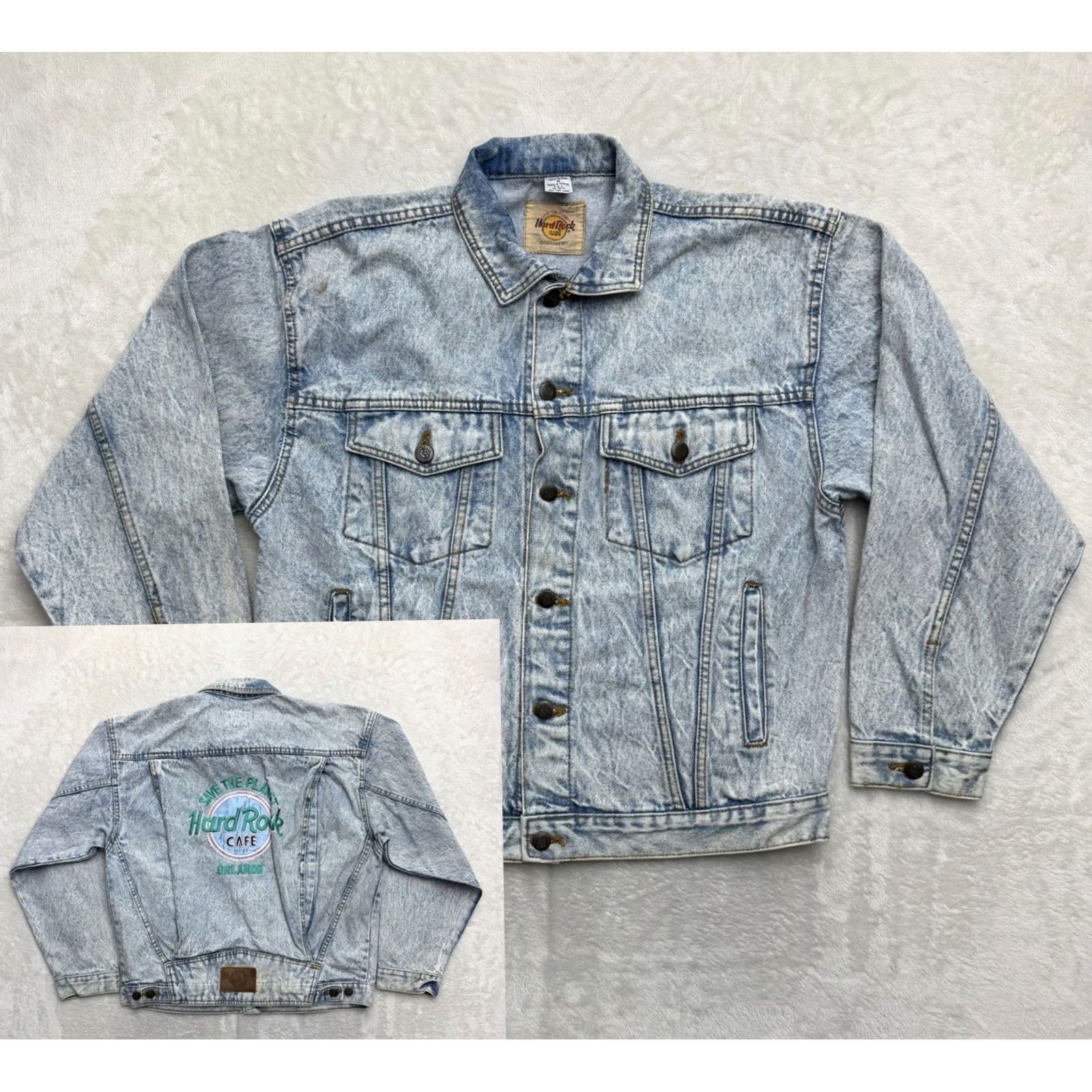 Hard Rock Cafe VINTAGE Hard Rock Cafe Jacket Mens M Blue Denim 80s Bomber Logo Embroidered Rock College? Size US M / EU 48-50 / 2 - 2 Thumbnail