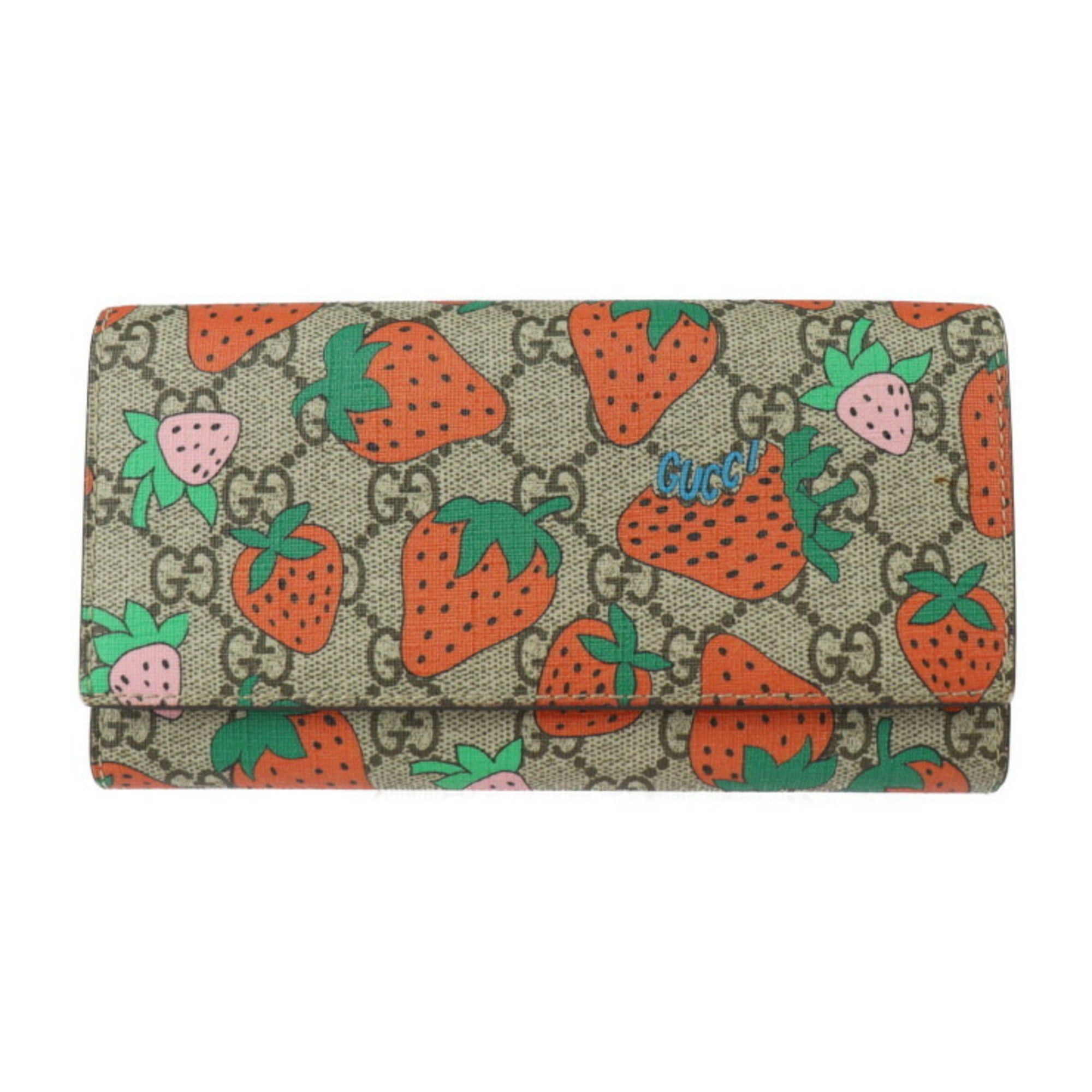 image of Gucci Long Wallet 573840 GG Supreme Canvas Leather Beige Red Pink Multicolor Continental Strawberry
