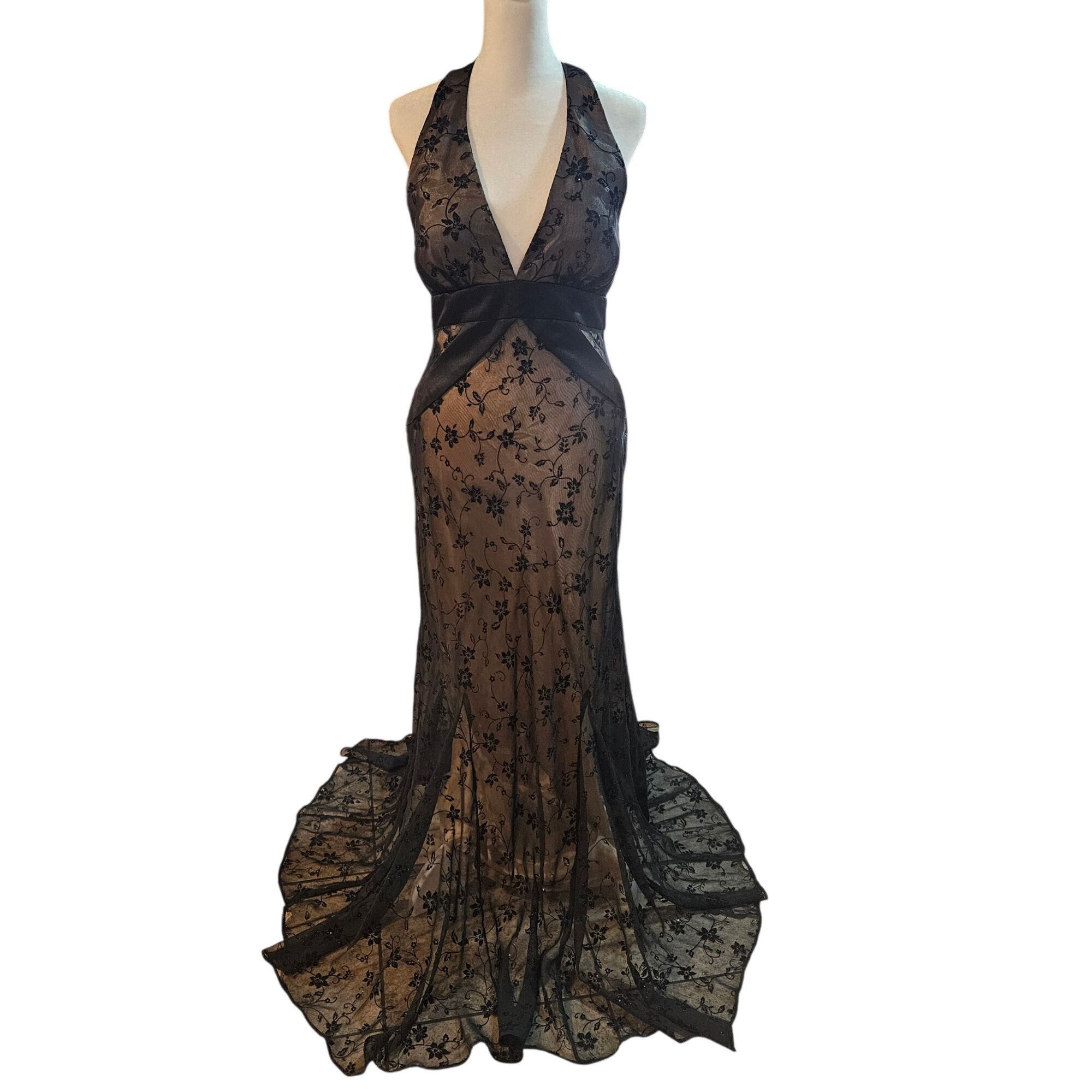 Other Betsy & Adam Women’s Halter Gown Black Floral Mesh 10 Whimsy Size L / US 10 / IT 46 - 3 Thumbnail