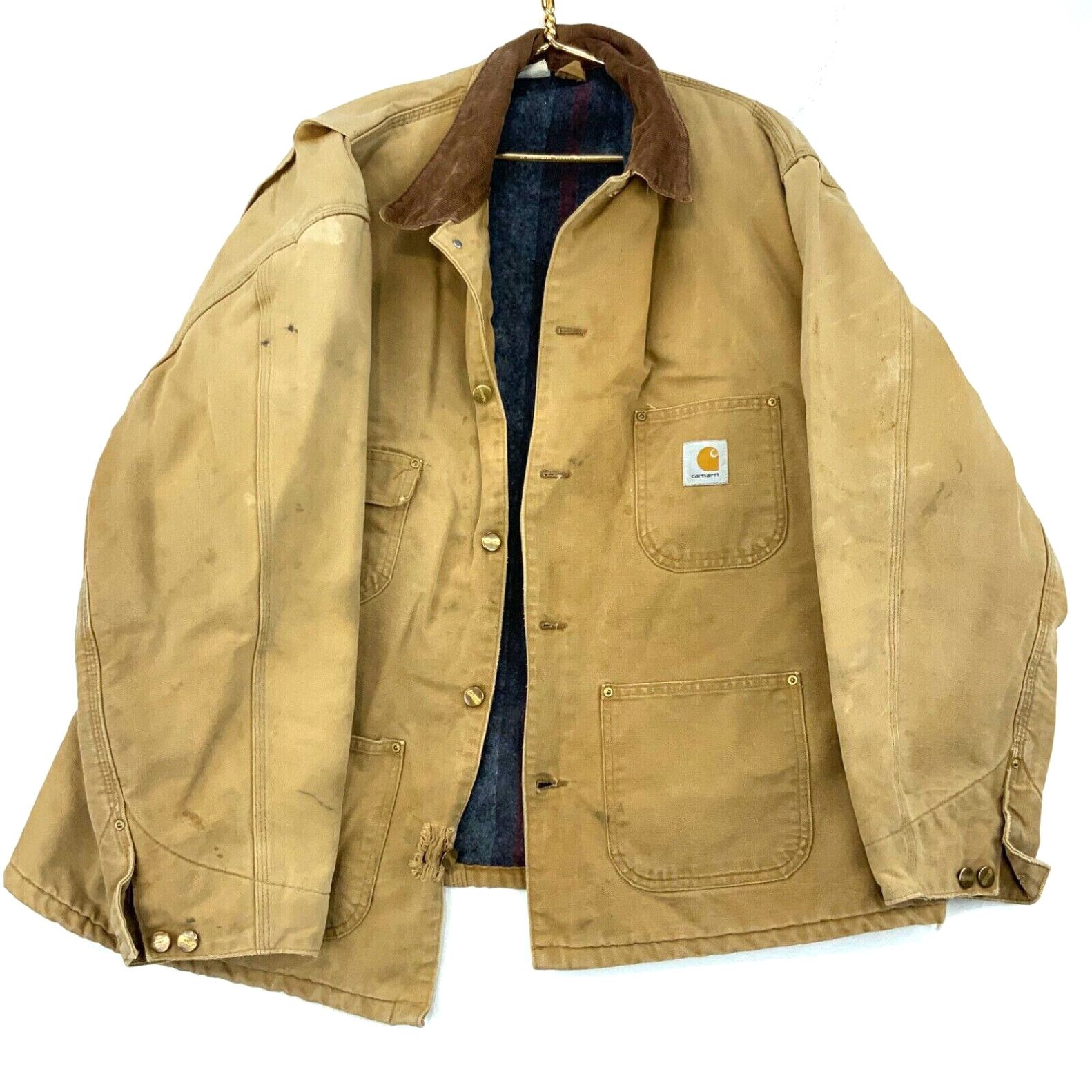 Image of Vintage Carhartt Canvas Blanket Lined Chore Work Jacket Size 2Xl Beige Workwear in White, Men's