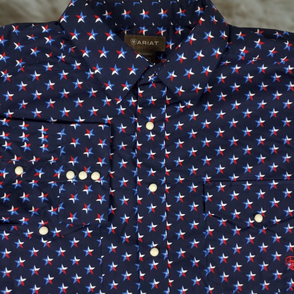 Ariat Shirt Mens 2XL Blue Western Pearl Snap Button Long Sleeve Star Print Shirt
