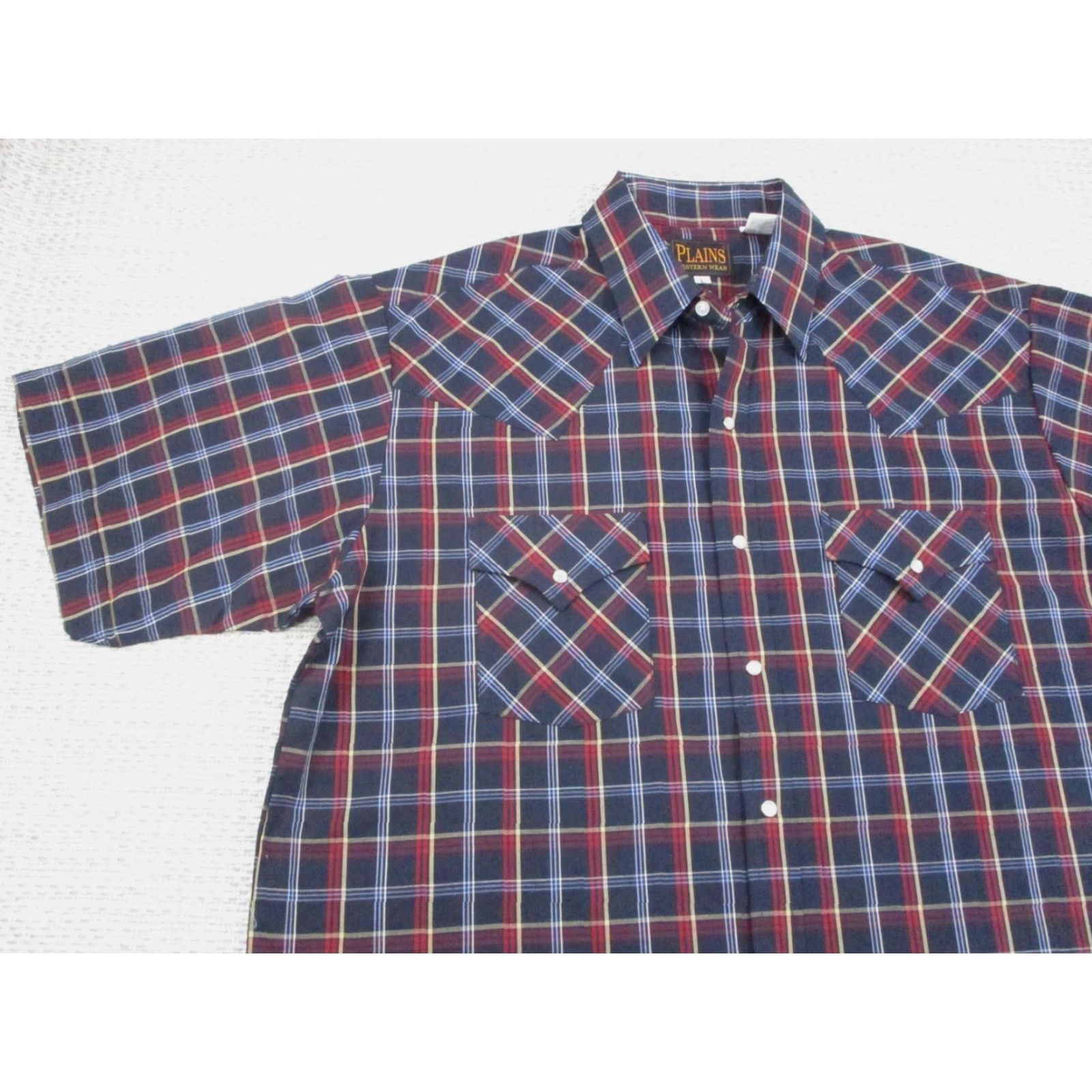 Vintage VINTAGE Plains Western Wear Shirt Mens Large Navy Red Plaid Short Sleeve Pearl Snap Size US L / EU 52-54 / 3 - 3 Thumbnail