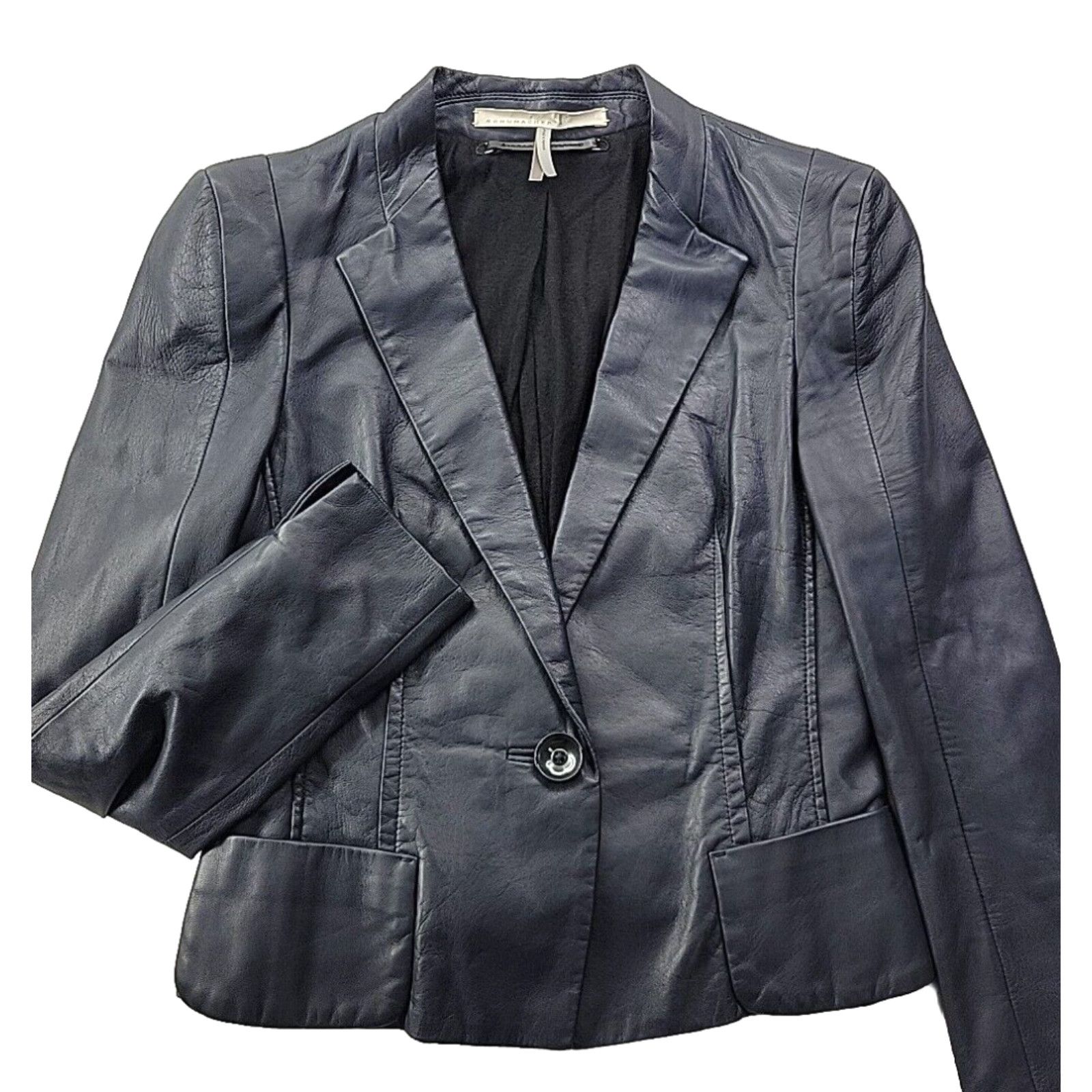 image of Dorothee Schumacher Women M(3) Navy Lamb Leather Cropped Jacket One Button Lined in White (Size Med