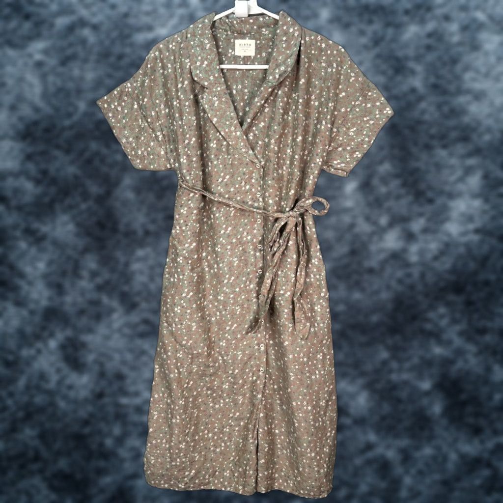 Vintage Mirth Womens XS Brown Floral Wrap Dress Cotton Silk Blend Midi Short Sleeve Spring Summer Dress Women’s wrap dress Size XS / US 0-2 / IT 36-38 - 1 Thumbnail