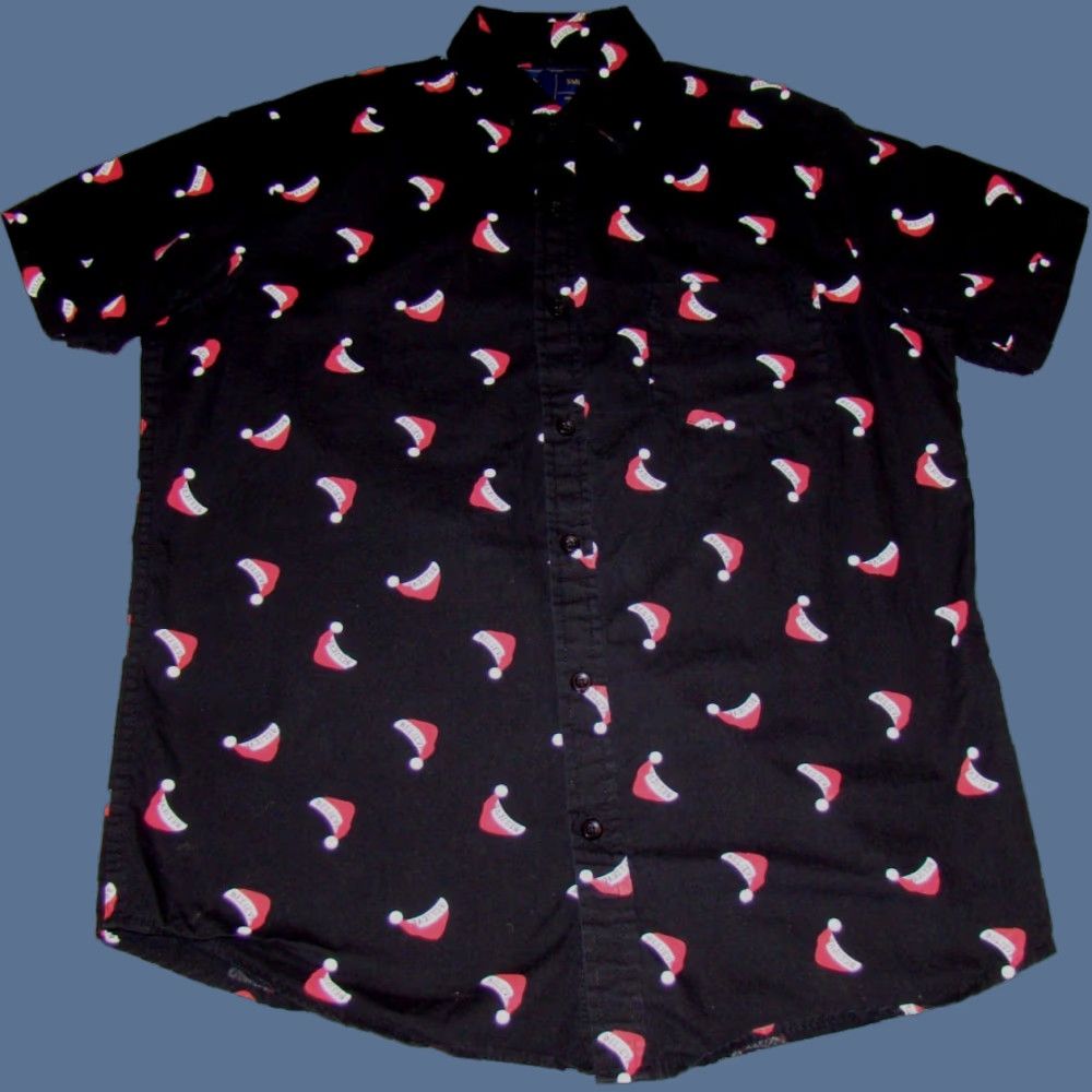 Vintage Rugby University Button-Up Shirt Mens S Christmas Santa Hat Believe Short Sleeve Collared Black 100% Cotton Holiday Theme Christmas Men’s Shirt Size US S / EU 44-46 / 1 - 1 Thumbnail