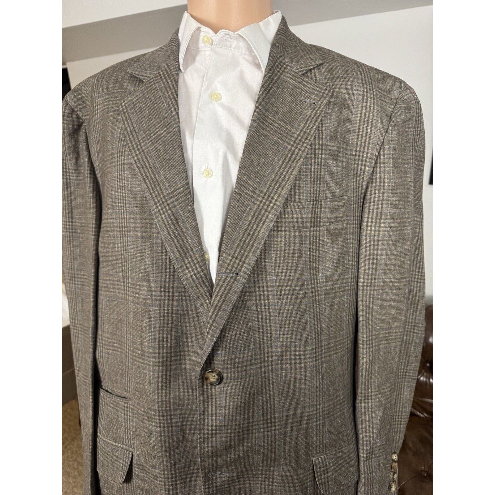 Brunello Cucinelli Brunello Cucinelli Prince Of Wales Taupe Sportcoat IT 54/ 44 Size 44R - 4 Thumbnail