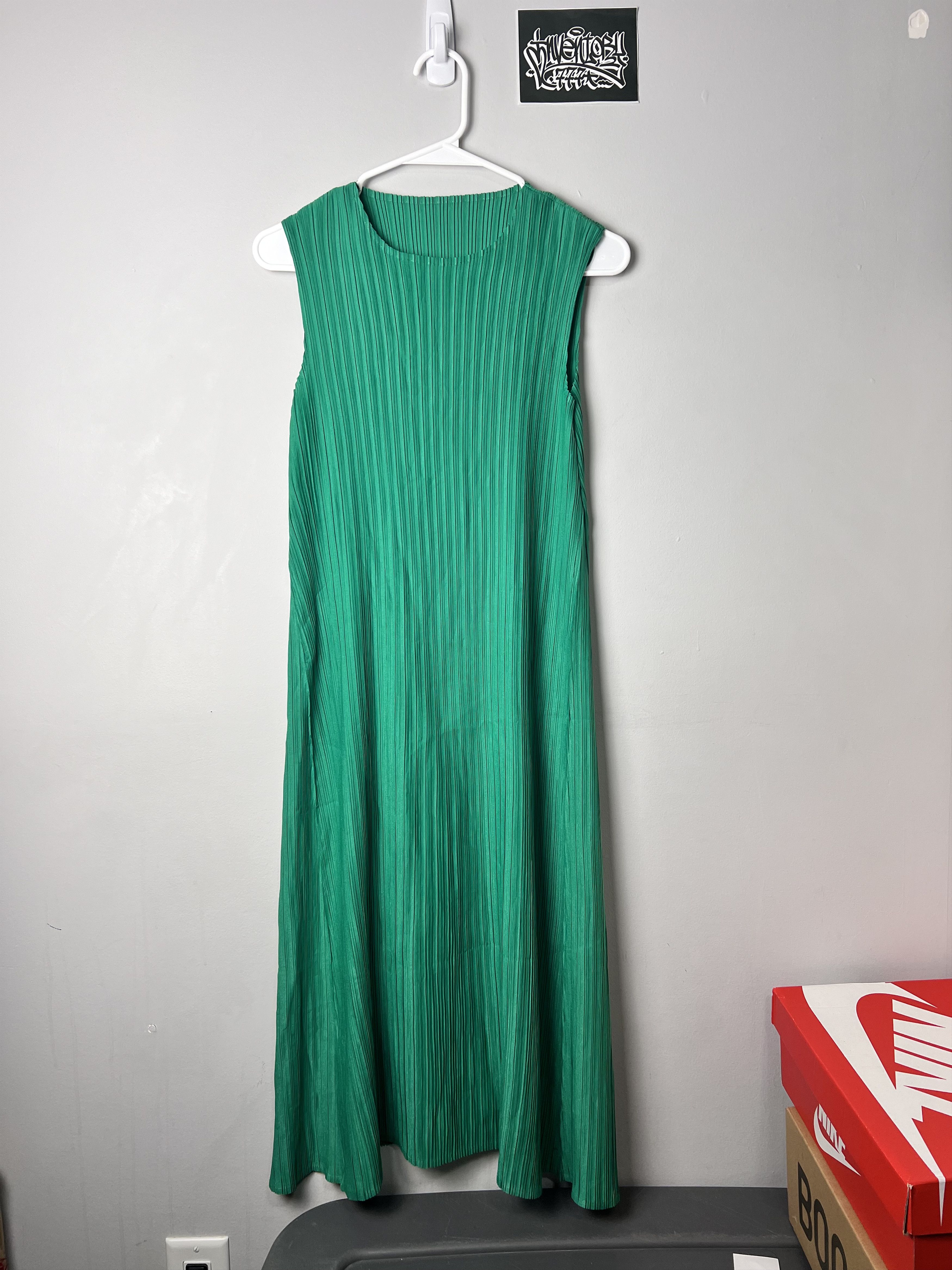 image of Issey Miyake Pleats Please Plisse Pleated Midi Dress in Green, Women's