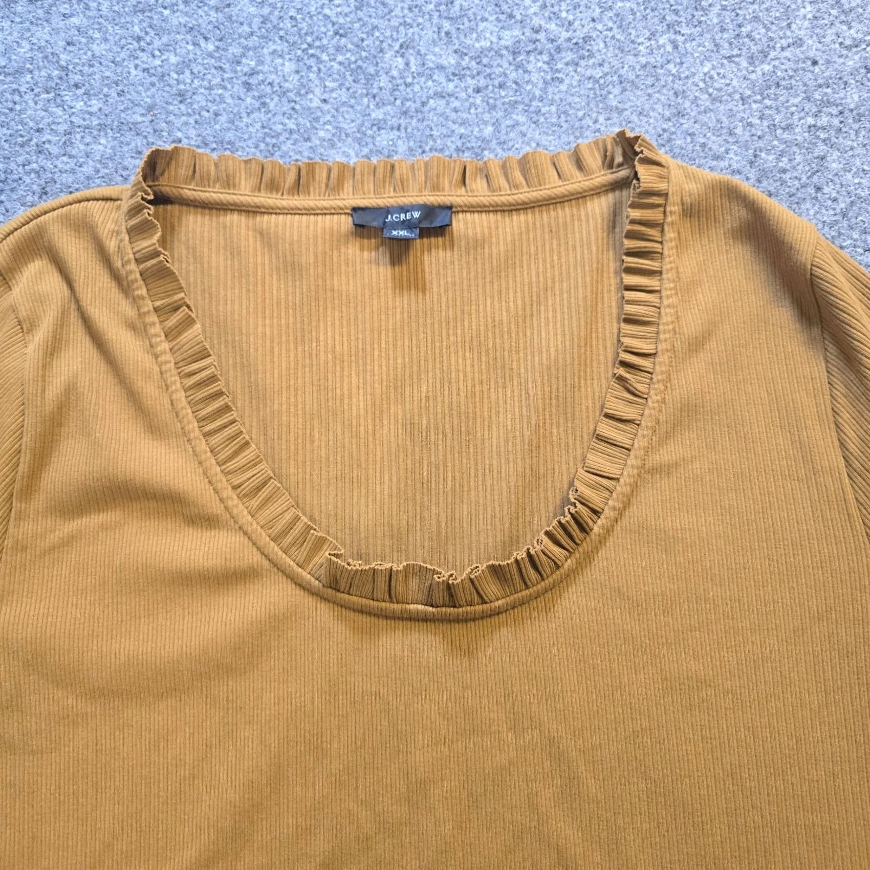 J.Crew J.CREW Top Womens XXL Brown Tan Ribbed Long Sleeve Ruffle Neck Casual Blouse Size XXL / US 16-18 / IT 52-54 - 2 Thumbnail