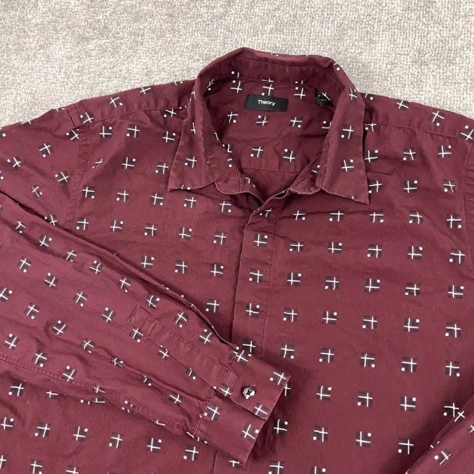 Theory Theory Shirt Mens XL Lev Cross Box Maroon Red Button-Up Long Sleeve Casual Dress Size US XL / EU 56 / 4 - 2 Thumbnail