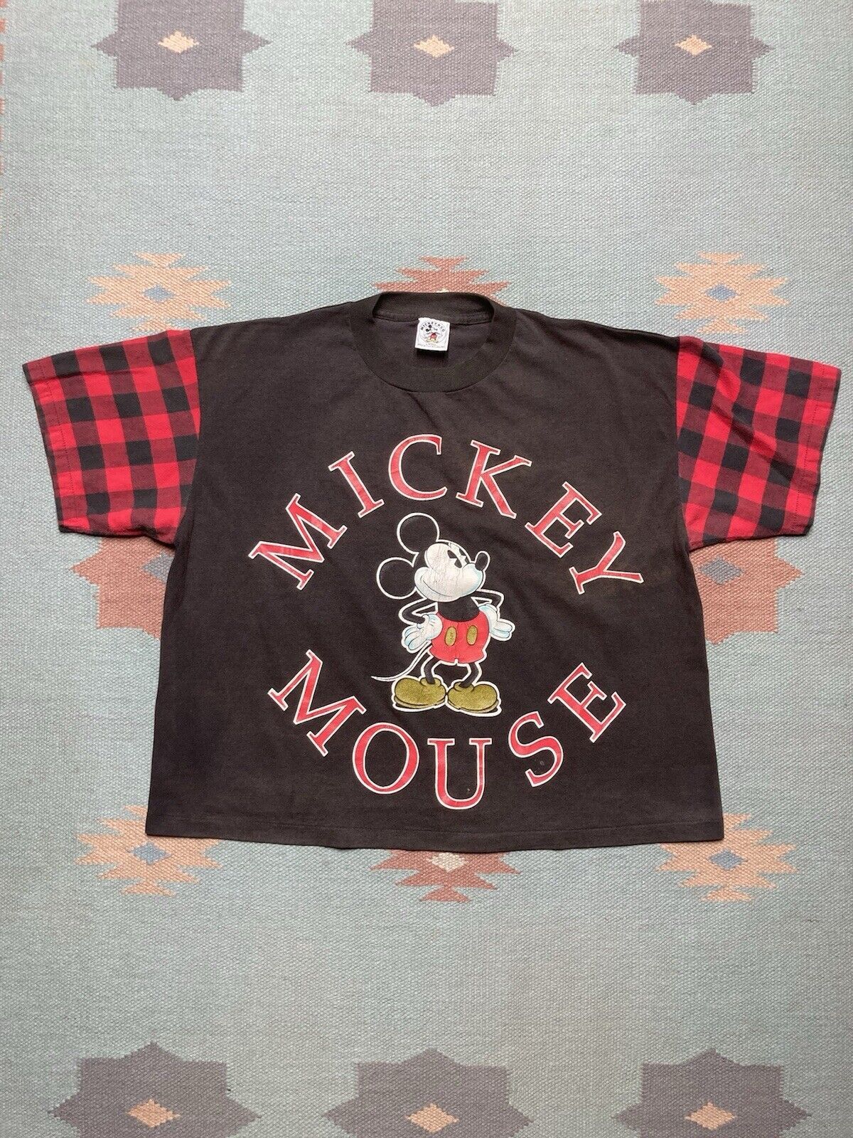Disney × Vintage 80s graphic t shirt Mickey Mouse faded plaid boxy cropped XL Size XL / US 12-14 / IT 48-50 - 1 Thumbnail