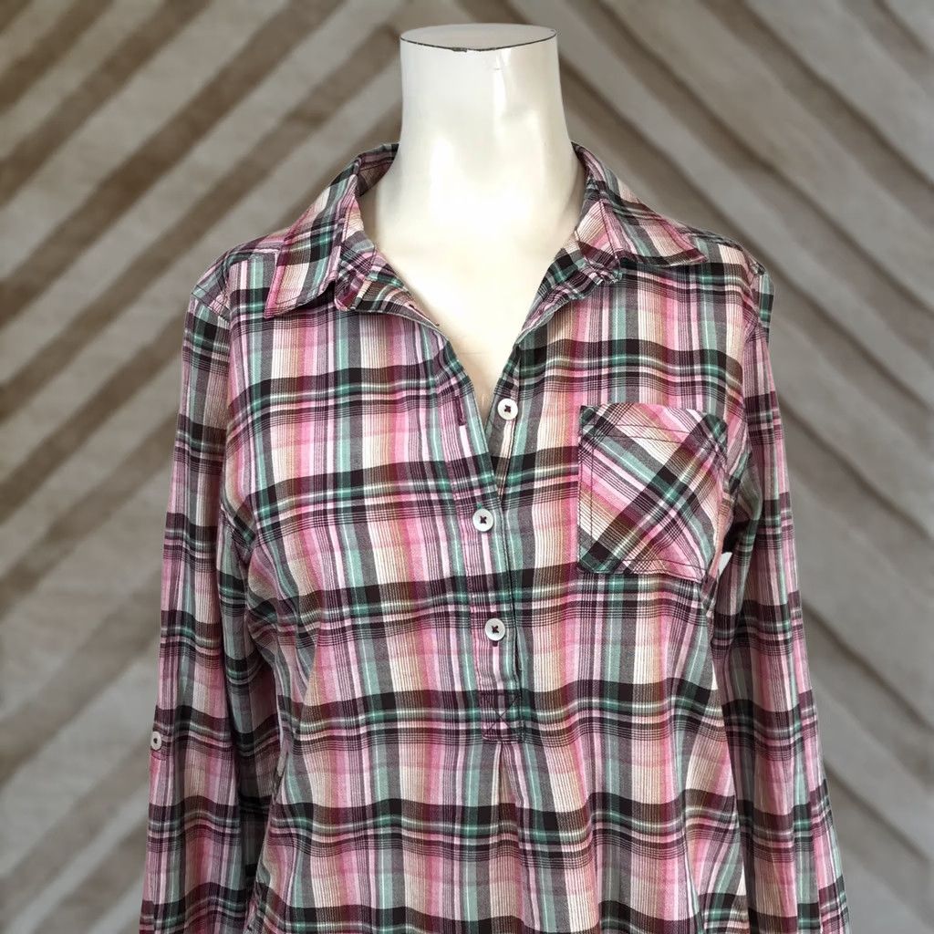 Prana Prana Womens Small Pink Teal Plaid Henley Shirt Top Roll Tab Sleeve Button-Down Shirt Top Size S / US 4 / IT 40 - 1 Thumbnail