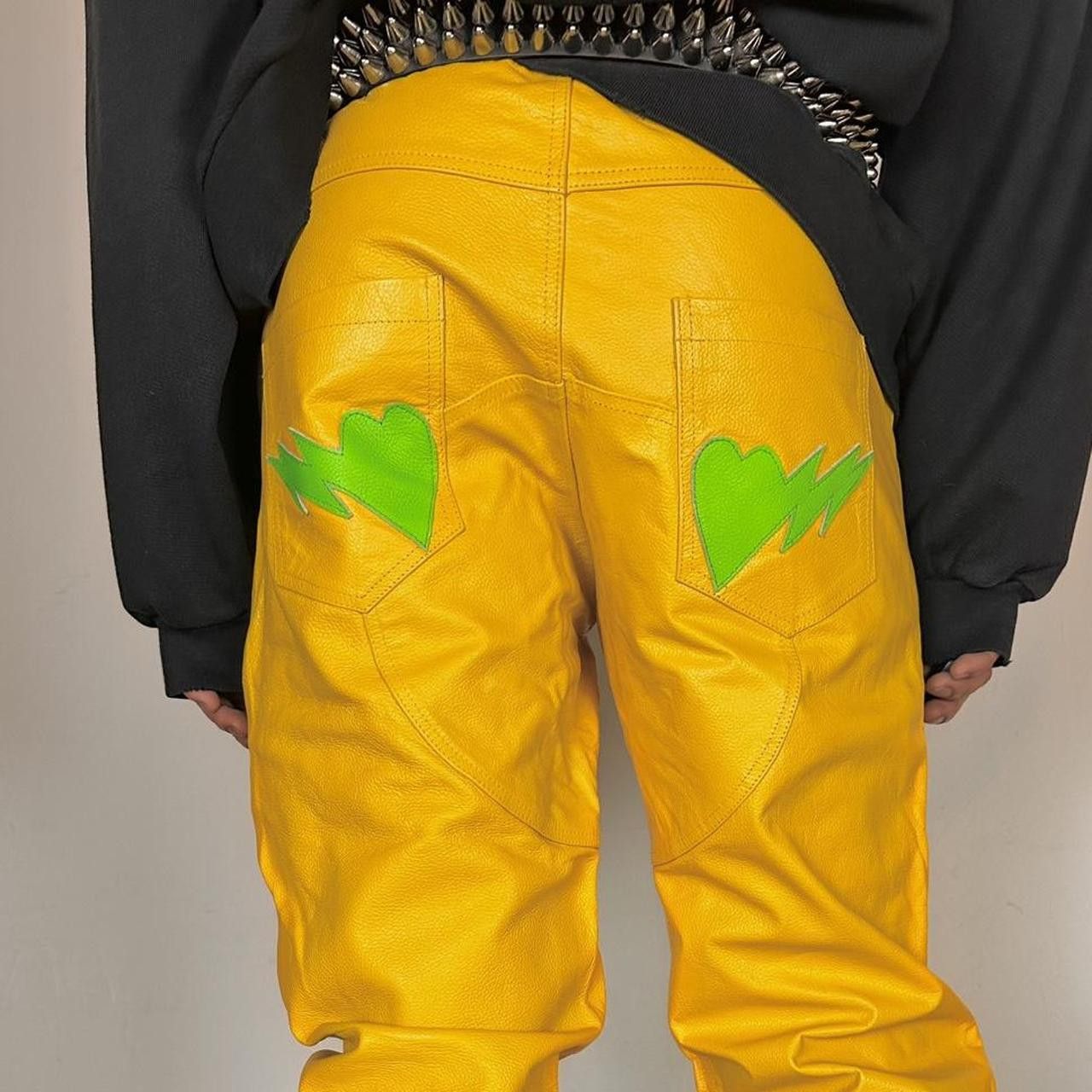 Vintage Seeking Green/Yellow Skeleton Leather Biker Pants - 36x36" Size US 36 / EU 52 - 7 Thumbnail