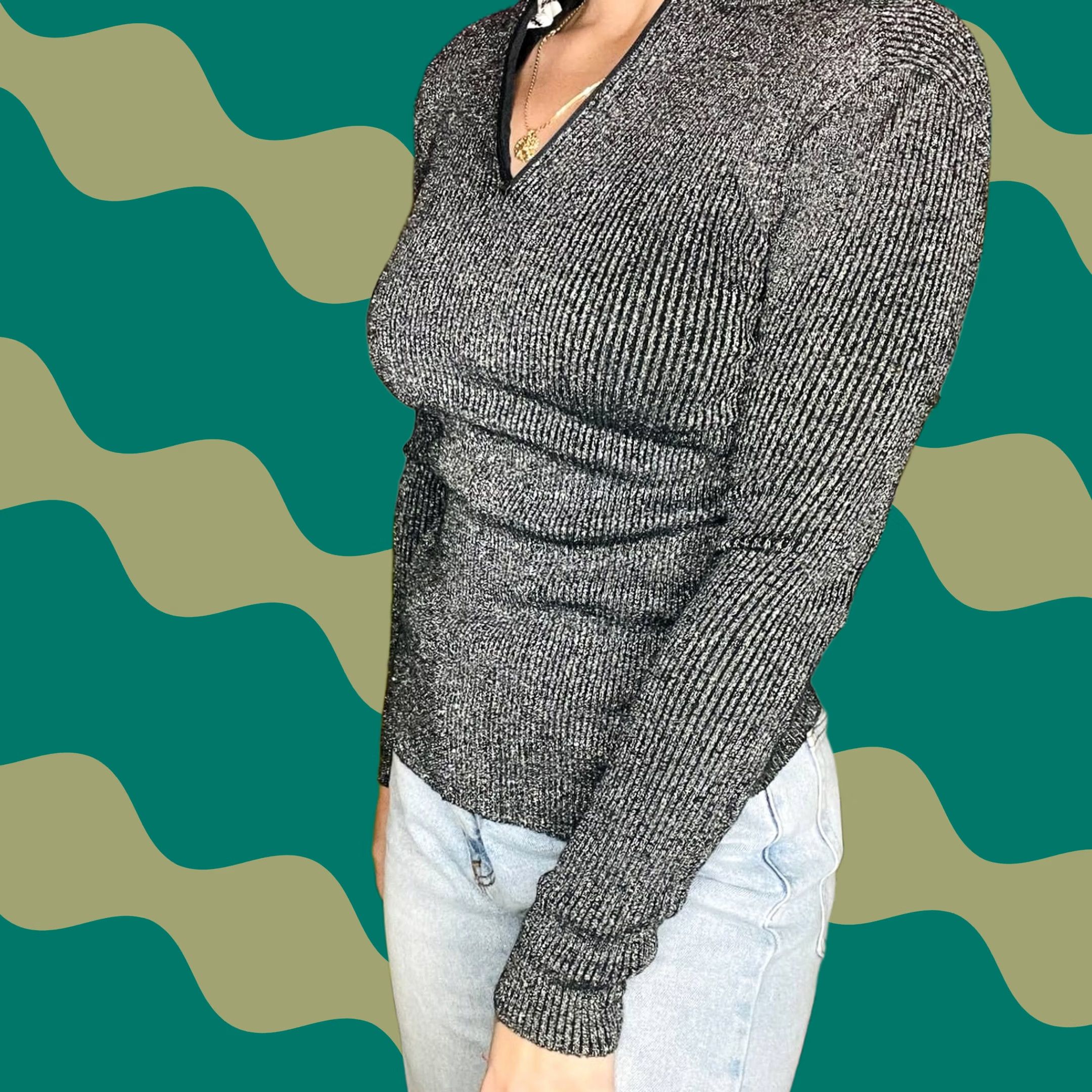Vintage VINTAGE Strawbridge & Clothier Metallic Black Silver Longsleeve Top Blouse S Women Size S / US 4 / IT 40 - 1 Thumbnail
