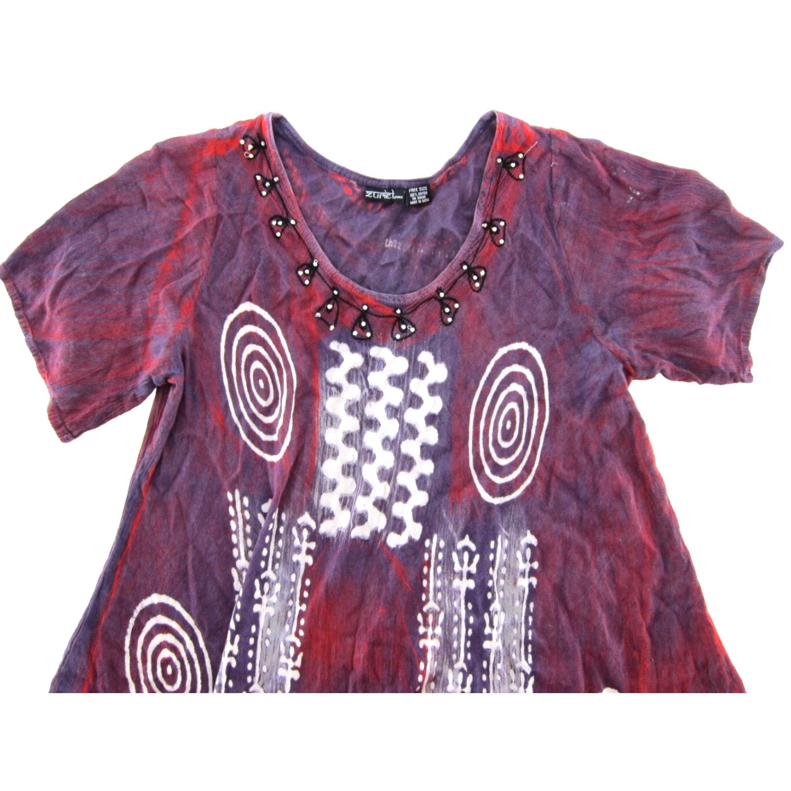 Vintage VINTAGE Zuriet By Hans Rayon Purple Red White Abstract Short Sleeve Midi Tunic Dress L Size 36" / US 14 / IT 50 - 4 Thumbnail