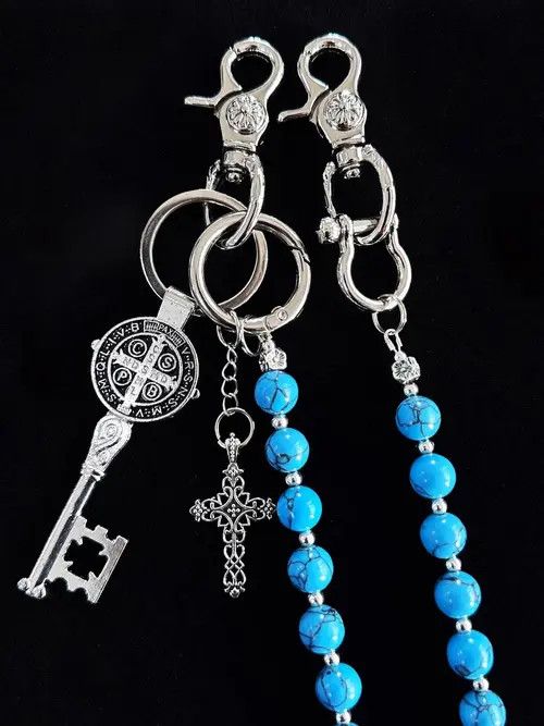 Jewelry Blue Cracked Stone Round Beads Wallet Chain , Jeans Chain Size ONE SIZE - 5 Thumbnail