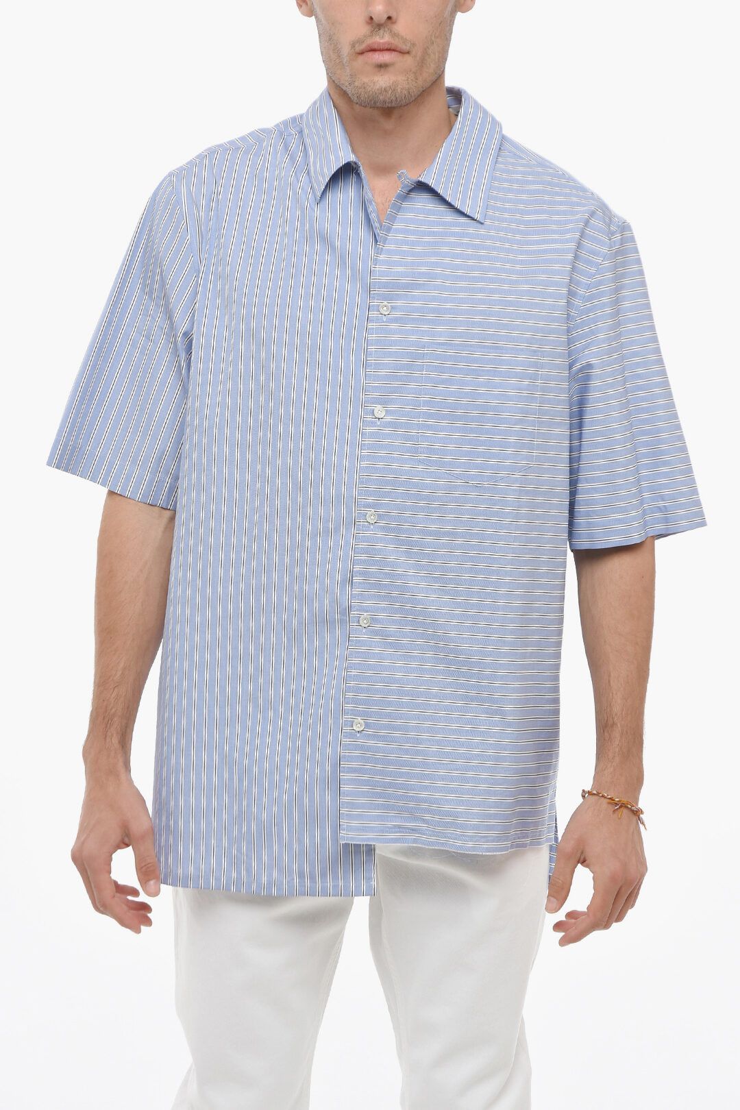 image of Lanvin Og1Mm0424 Balanced Stripe Cotton Shirt In Light Blue, Men's (Size Medium)
