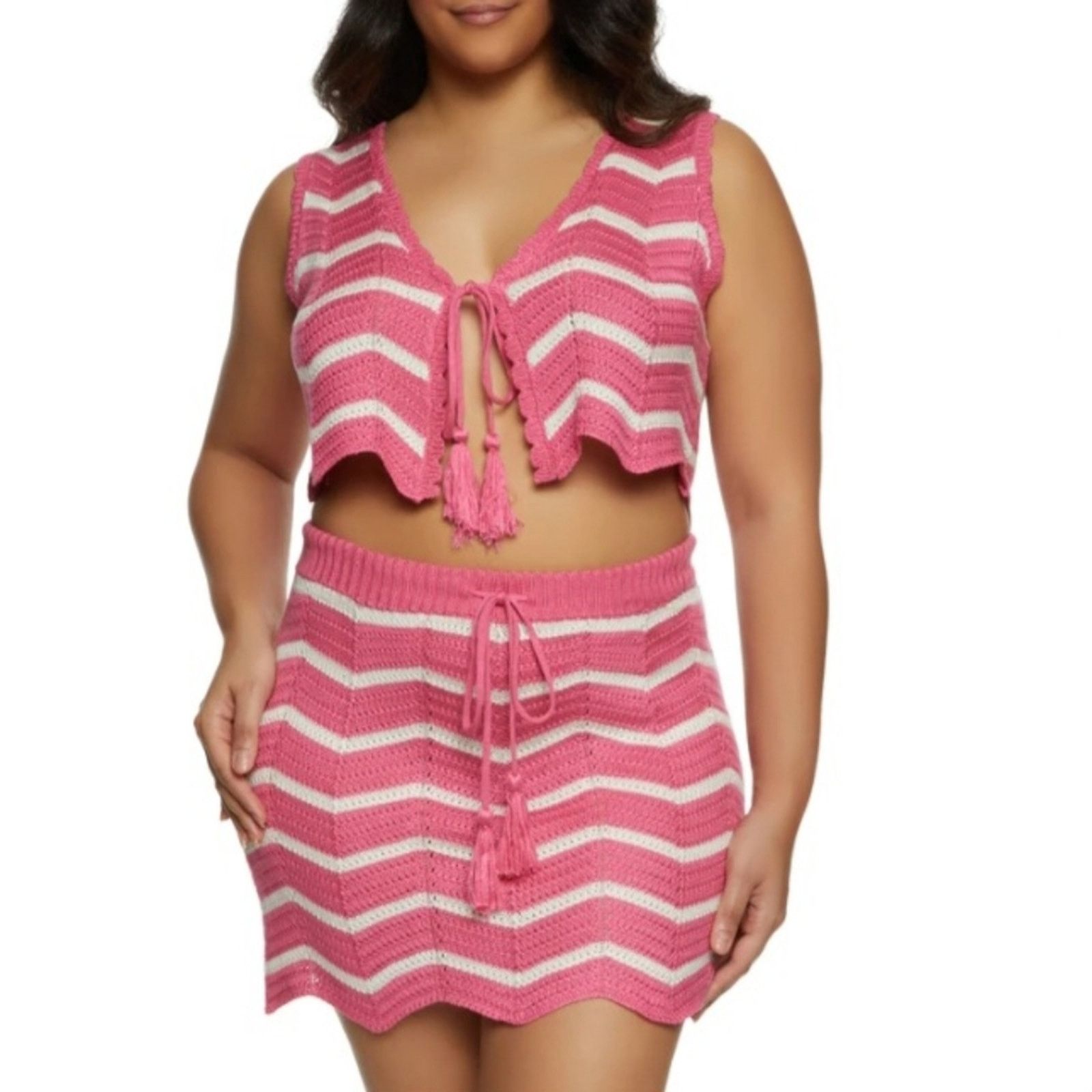 Almost Famous PINK & WHITE CROCHET ☆ VEST & SKIRT ☆ 2 PIECE SET ☆ 2x ☆ NWT Size XXL / US 16-18 / IT 52-54 - 2 Thumbnail