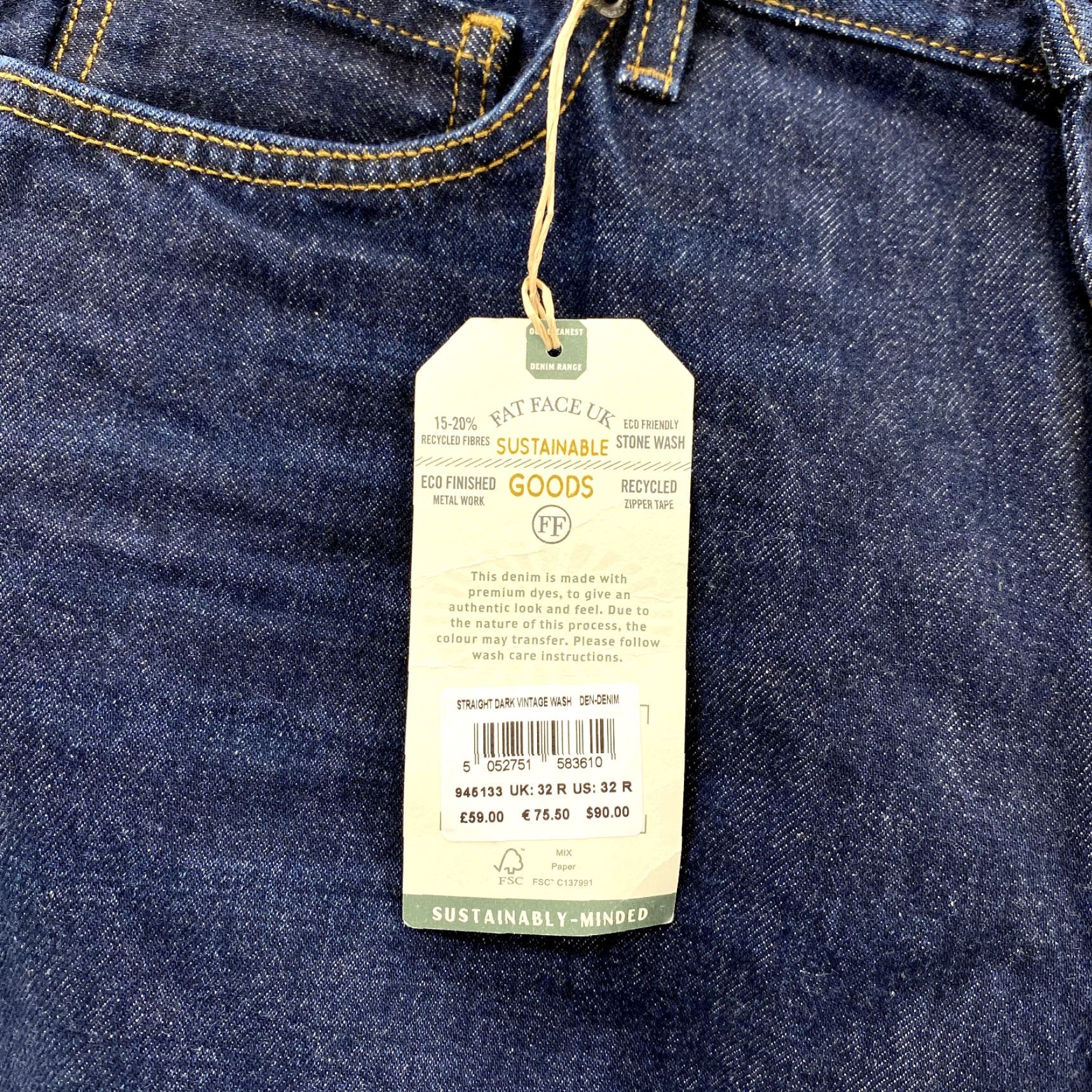 FatFace Fat Face Jeans Men 34x32 Eco Denim Straight 90s Preppy Outdoor Academia Classic Size US 34 / EU 50 - 7 Thumbnail